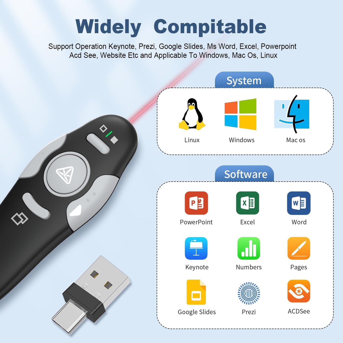 QUI 2 Pack Presentation Clicker, Wireless Presenter Remote Clicker for PowerPoint, Slide Advancer for Mac, Windows, Google Slide, Keynote (USB Type-c, Black Purple)