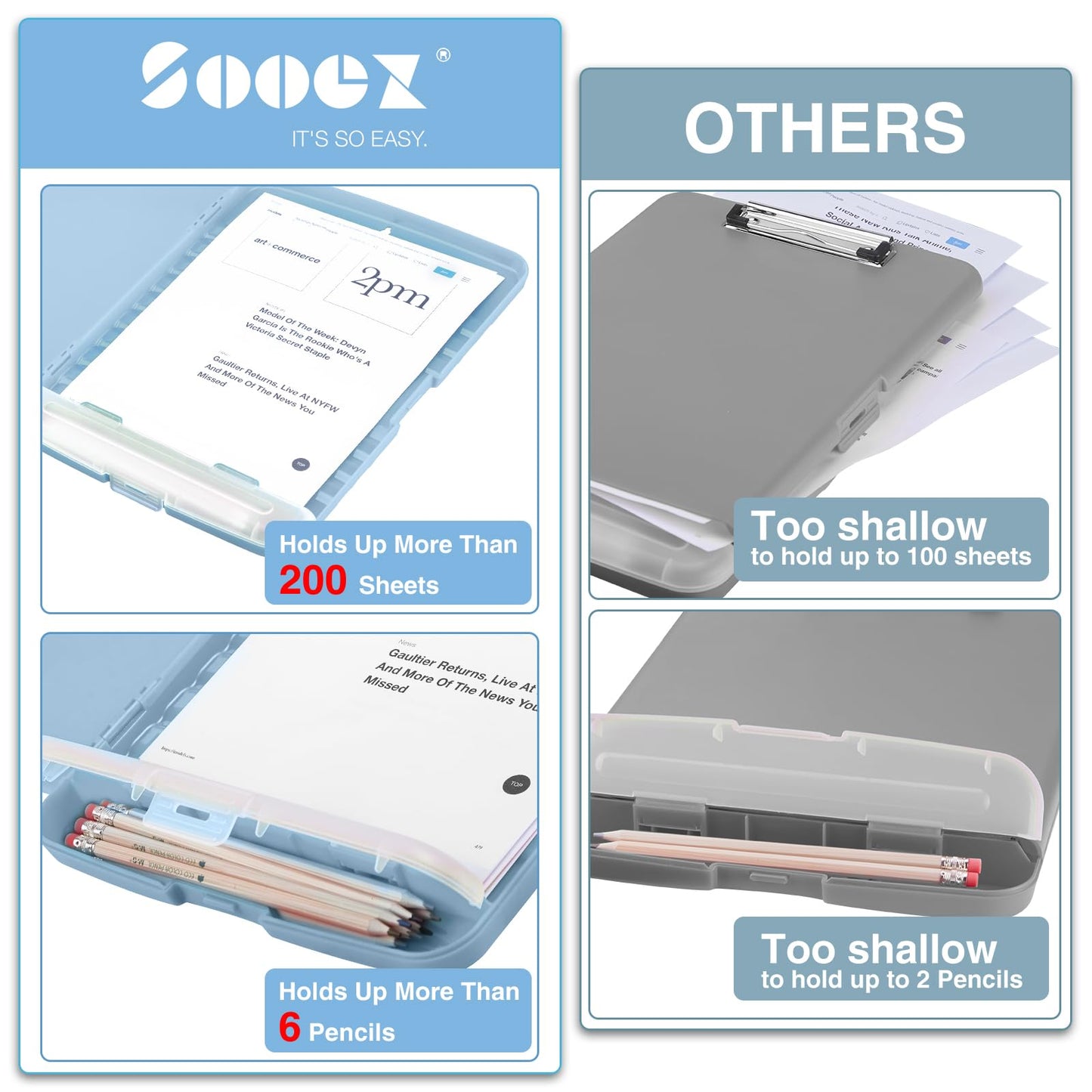 Sooez Clipboards with Storage, High Capacity Clip Boards 8.5x11 with Pen Holder, Heavy Duty Plastic Paper Organization Folder Cases, Letter / A4 Size for Nurse Teachers, School & Office Supplies