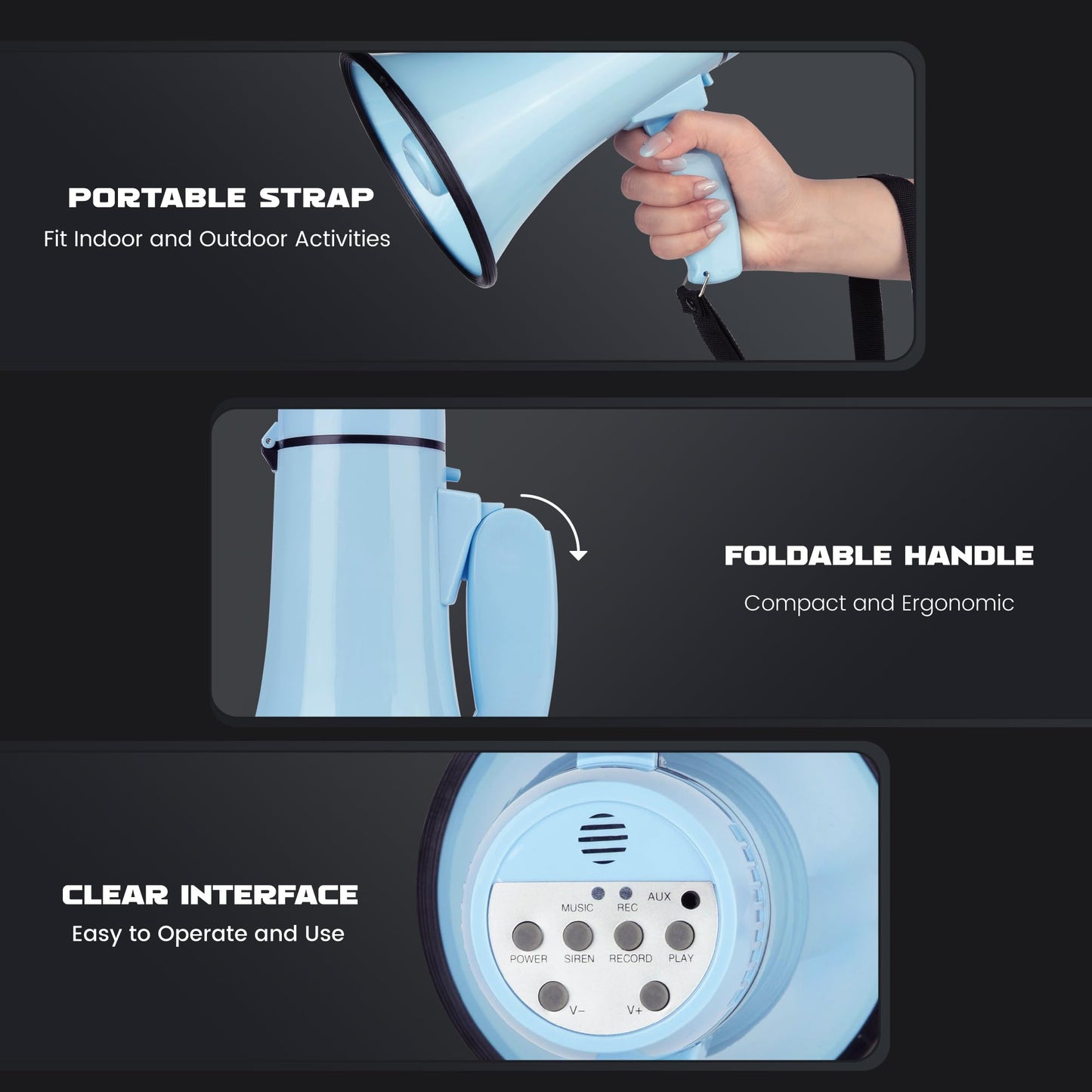 MyMealivos 20W Megaphone Bullhorn, Built in Siren & 240s Recording, 5.4"×8.6" Portable Megaphone with Volume Control Cover Up to 300 feet+ for Indoor and Outdoor Activities(Light Blue)