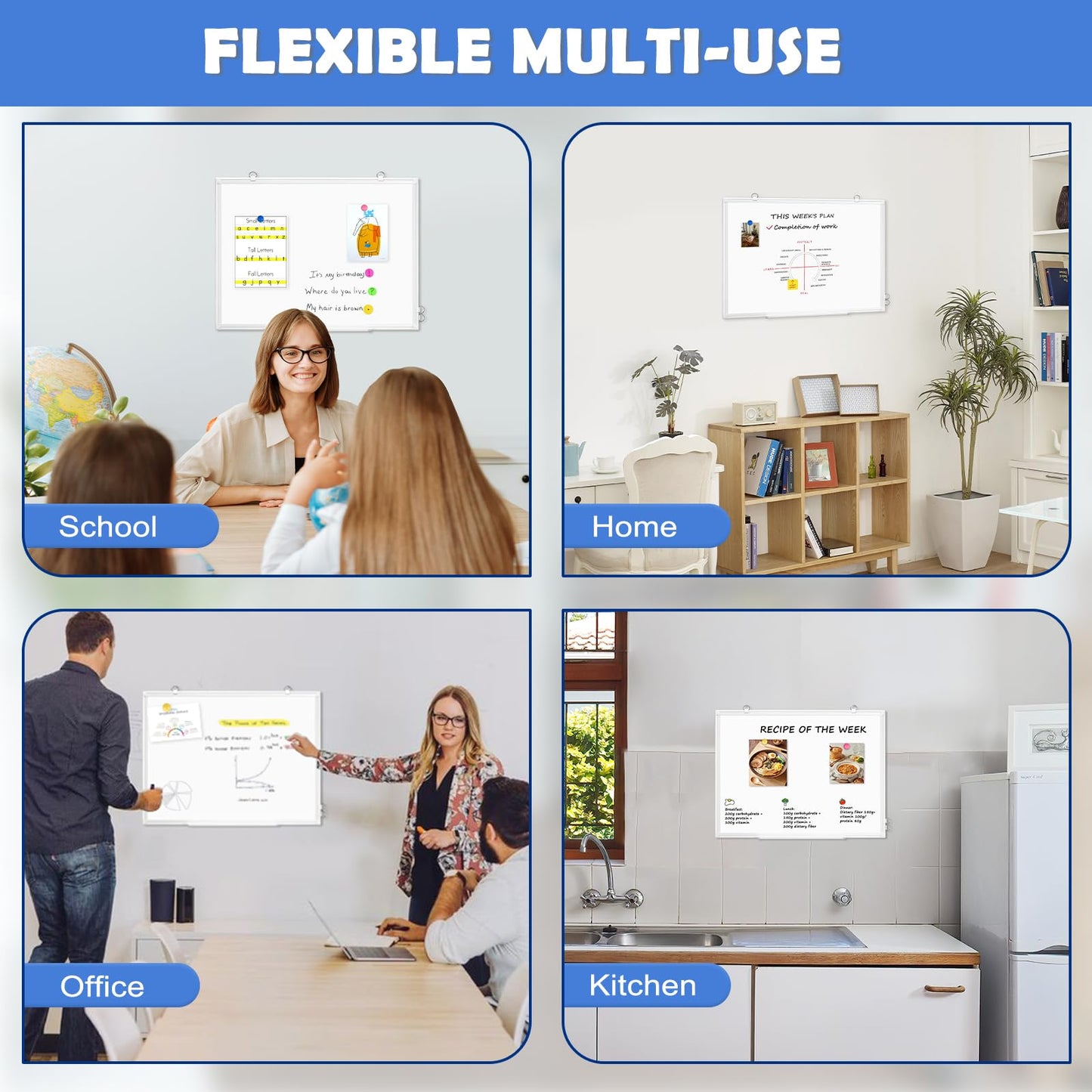 WALGLASS Double-Sided Dry Erase White Board, 36" x 24" Magnetic Whiteboard for Wall, Hanging Mounted White Board Silver Aluminium Frame for Home, School, Office, Kitchen