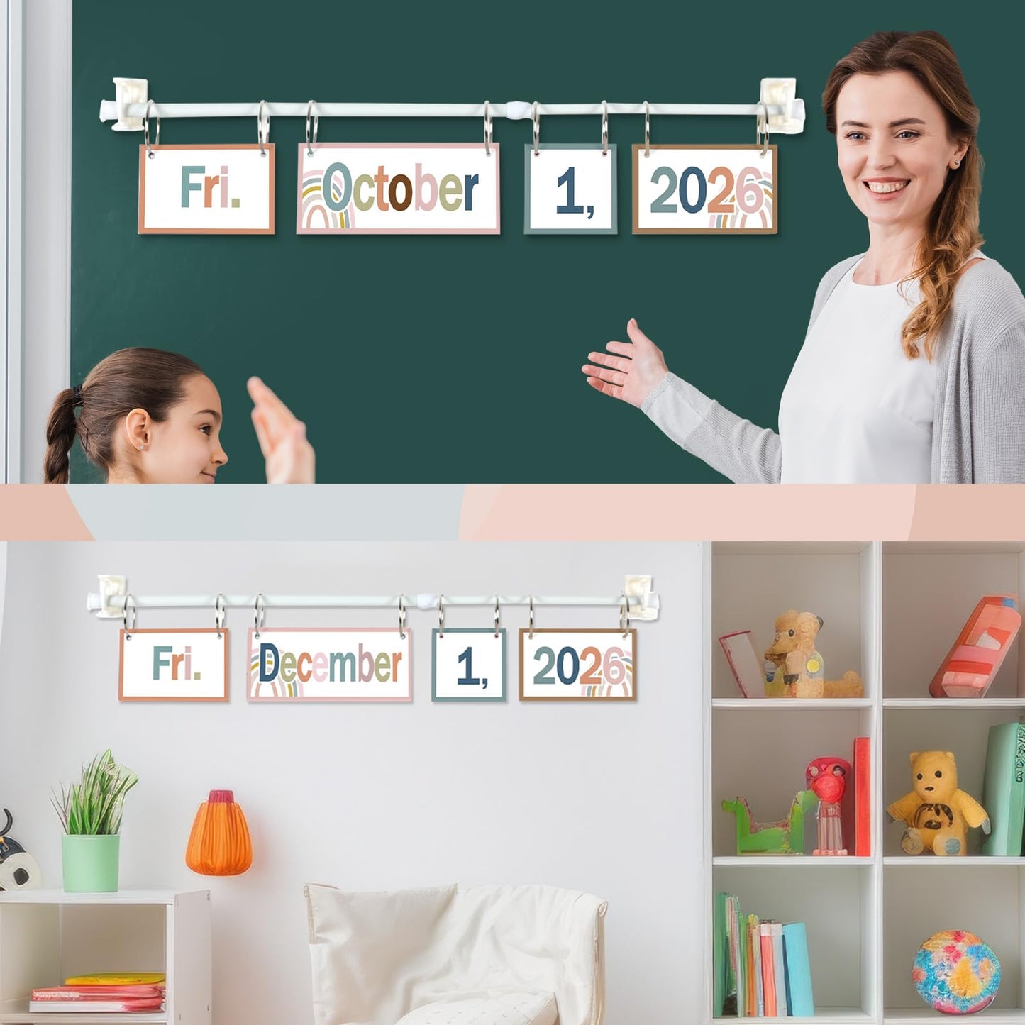 Boho Flip Calendar Bulletin Board Set Boho Rainbow Calendar for Classroom Whiteboard Decor with 2026 to 2030 Years Date Cards and Adjustable Rod for Home Elementary Back to School Teacher Supplies