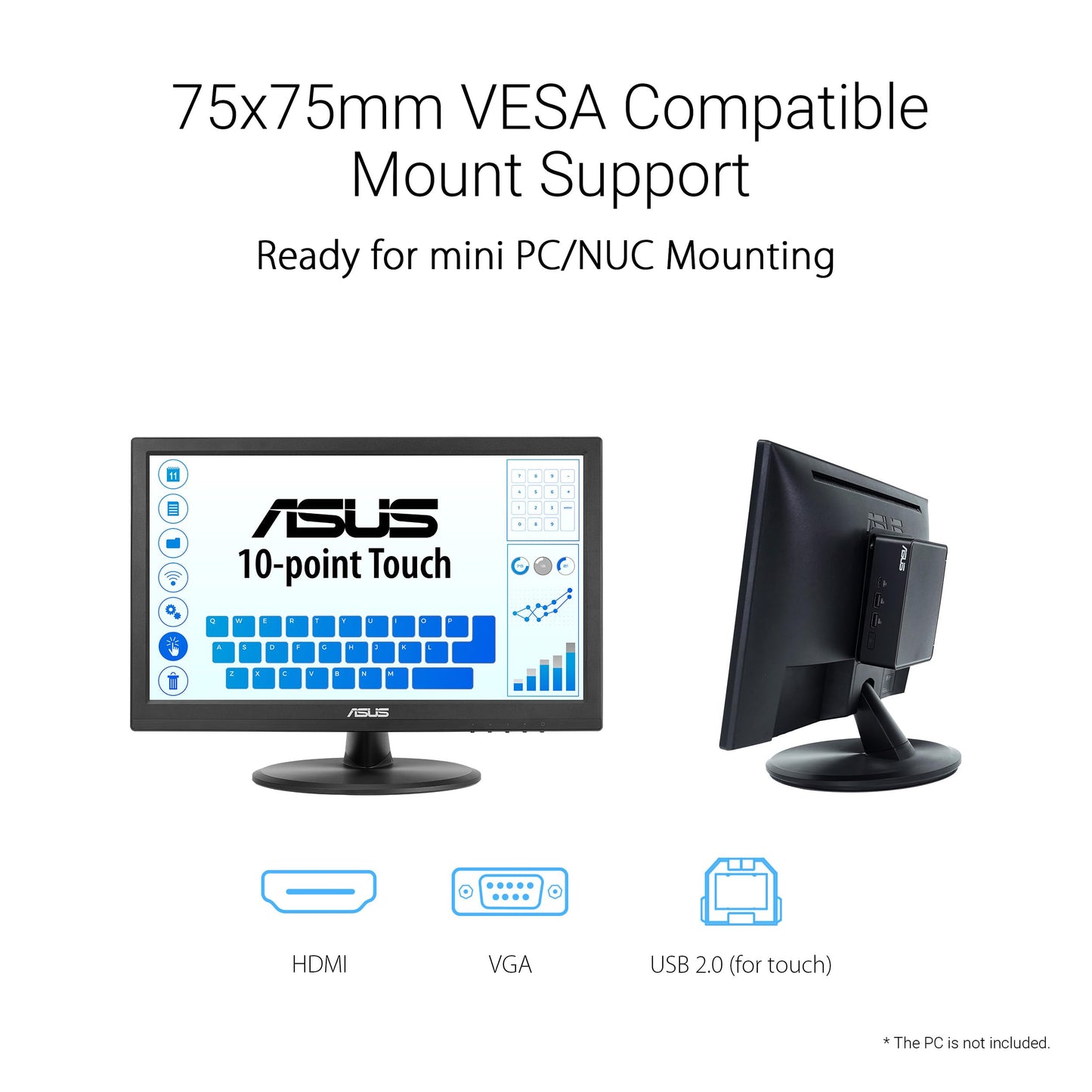 ASUS 15.6” 1080P Touch Monitor (VT169HE) - Full HD, 10-Point Touchscreen, IPS, Wide Viewing Angle, Frameless, Eye Care, Flicker Free, Low Blue Light, HDMI, Windows 11 Compliance, VESA Mountable