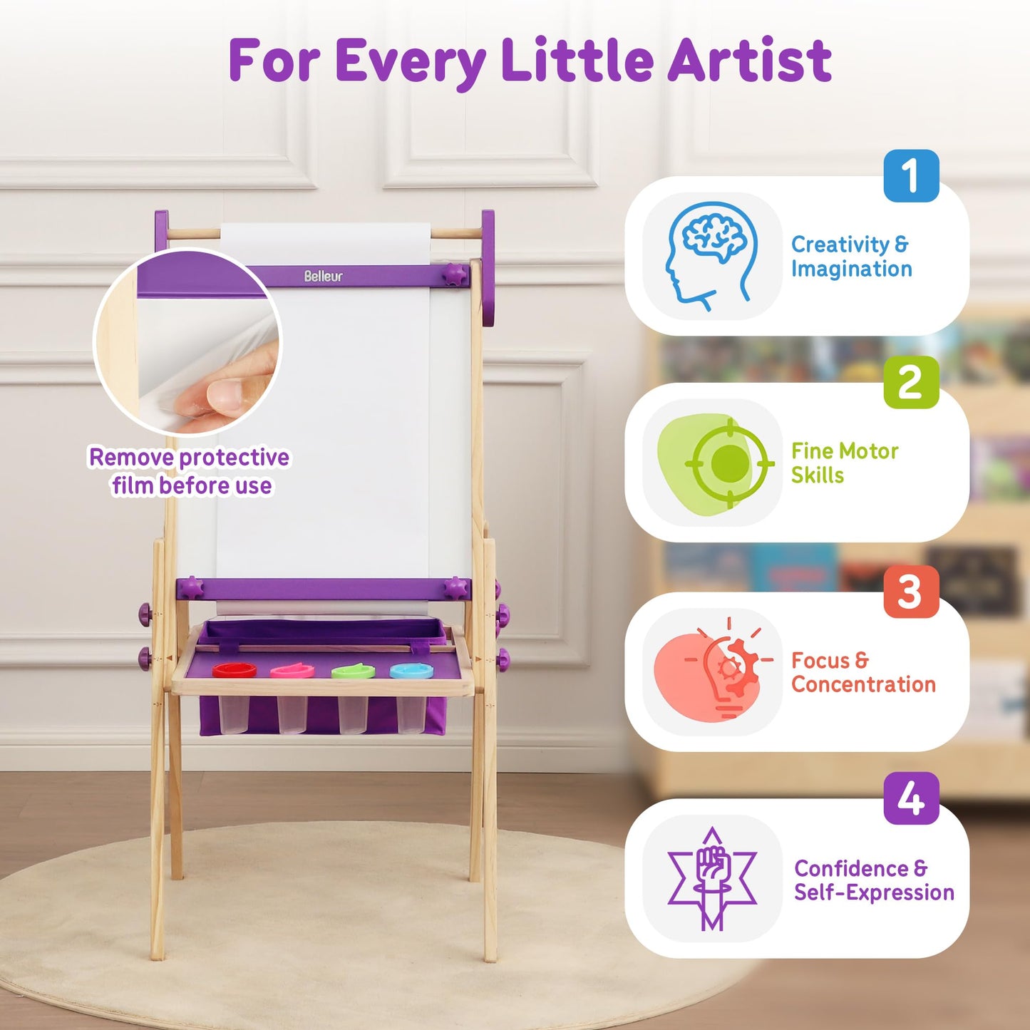 Belleur All-in-One Art Easel for Kids, Adjustable Double Sided Easel for Toddlers with Magnetic Whiteboard & Dry-Erase Chalk Board & Paper Roll, Child Painting Easel for Kid 2-8 Birthday Gift-Purple