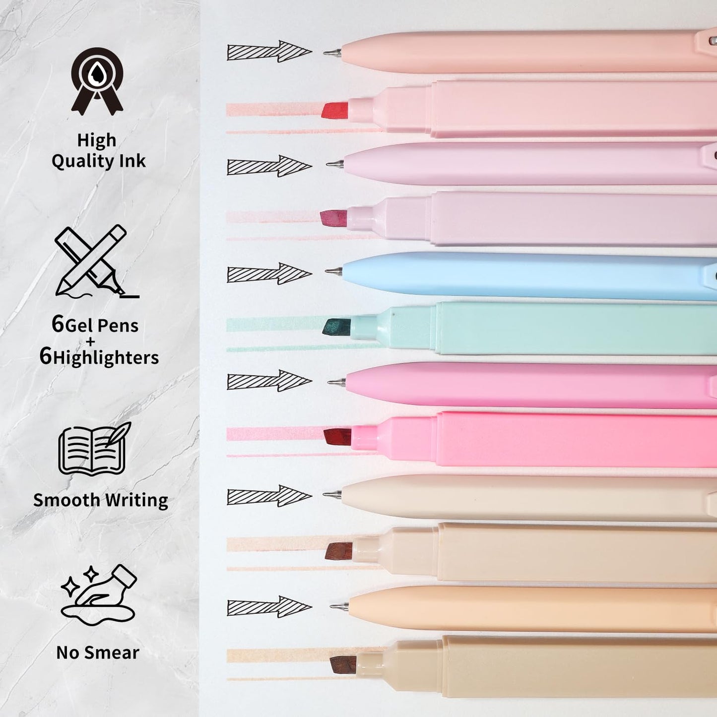 Piochoo Highlighters and Pens Set, 6pcs Cute Pastel Highlighters,6pcs 0.5mm Black Ink Gel Pens Quick Drying for Bible Studying Journaling Office School Supplies