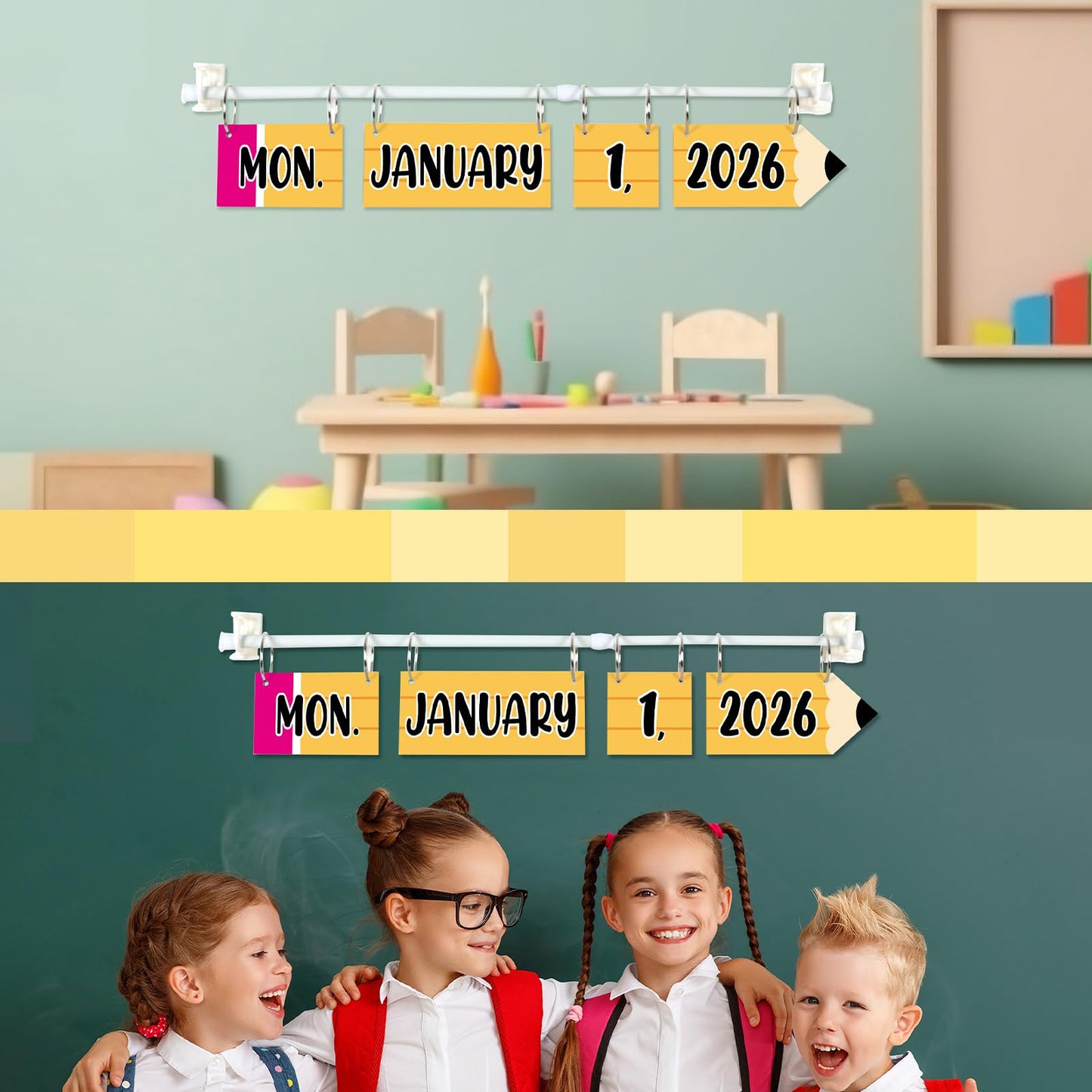 Pencil Flip Calendar Bulletin Board Set Pencil Calendar for Classroom Whiteboard Decor with 2026 to 2030 Years Date Cards and Adjustable Rod for Home Elementary Back to School Teacher Supplies