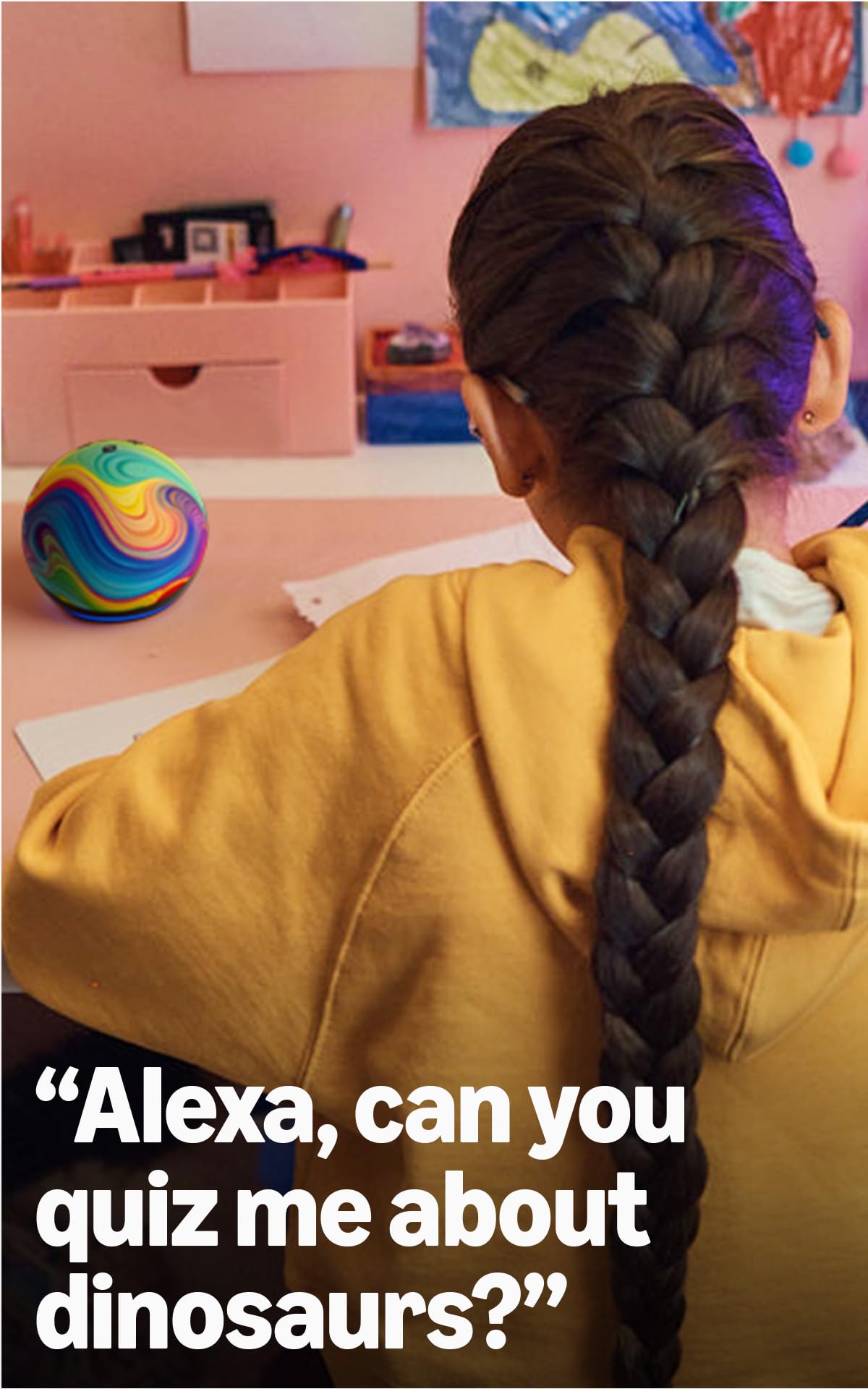 Amazon Echo Dot Kids (newest model), Smart speaker to enjoy age-appropriate audiobooks, interactive games and Alexa+ experiences to create and learn, Rainbow Swirl design