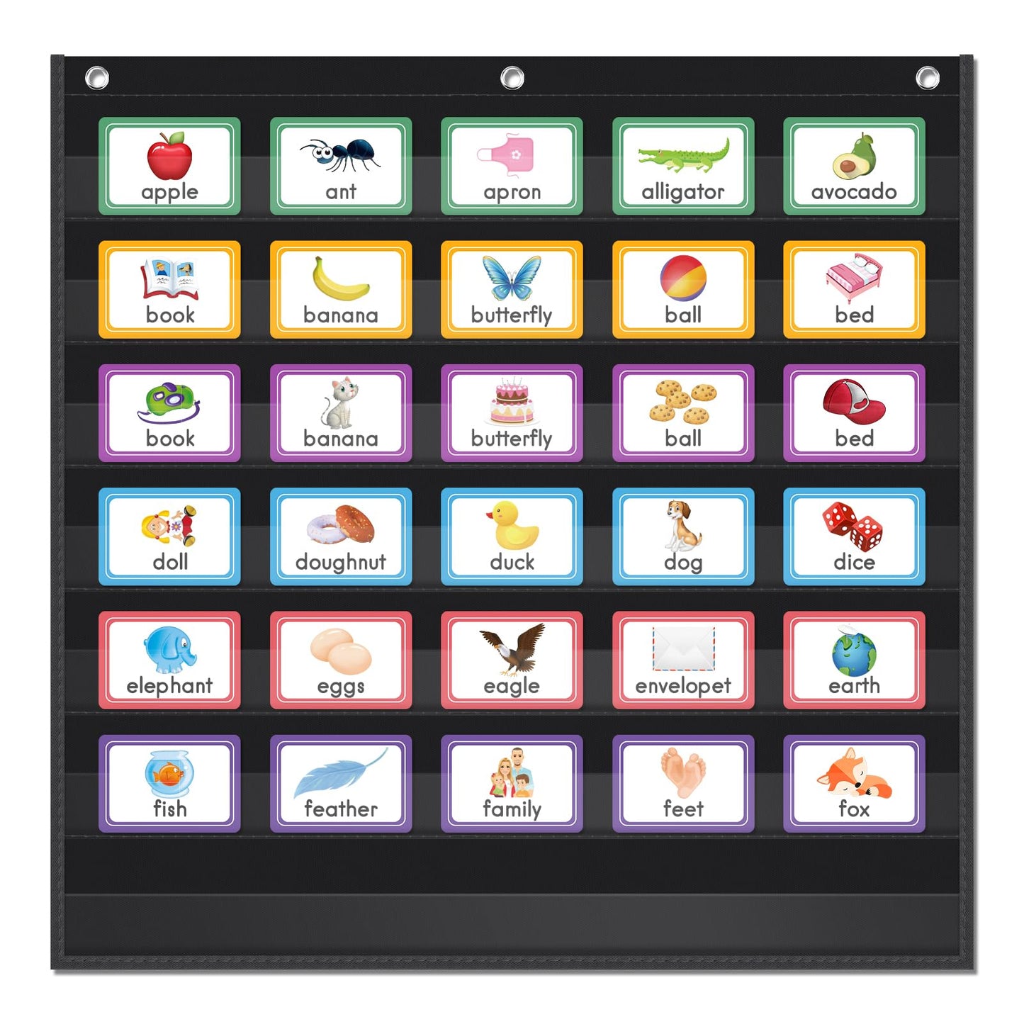 AUVCAS Standard Pocket Chart Clear 7 for Classroom & Home Heavy Duty Hanging Pocket Chart for Word Wall/Letter Cards/Sentence Strips 28Wx28L,Black