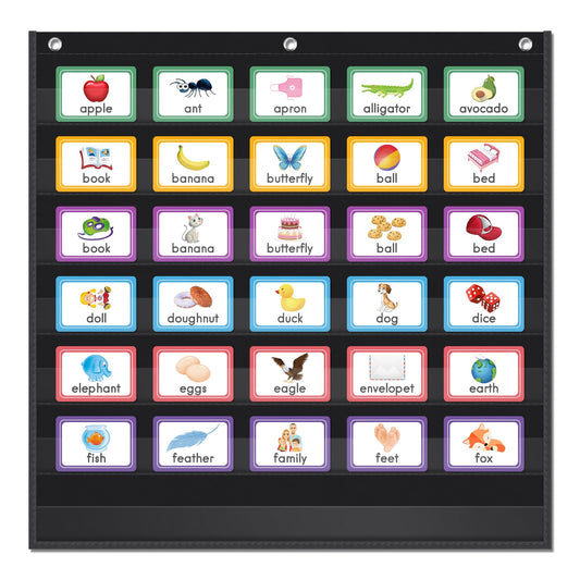 AUVCAS Standard Pocket Chart Clear 7 for Classroom & Home Heavy Duty Hanging Pocket Chart for Word Wall/Letter Cards/Sentence Strips 28Wx28L,Black