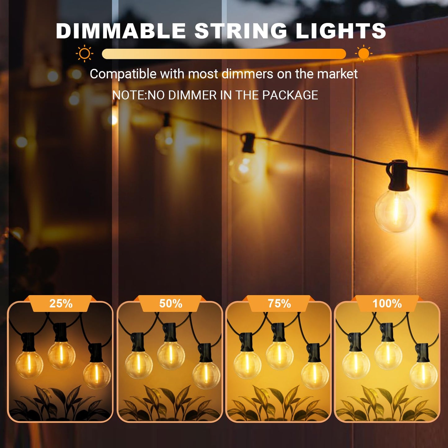 LAMPHOME LED Outdoor String Light, 51FT with 25 Shatterproof Bulbs, Warm White, Connectable & Dimmable, Model MYHOC7-025(0.6