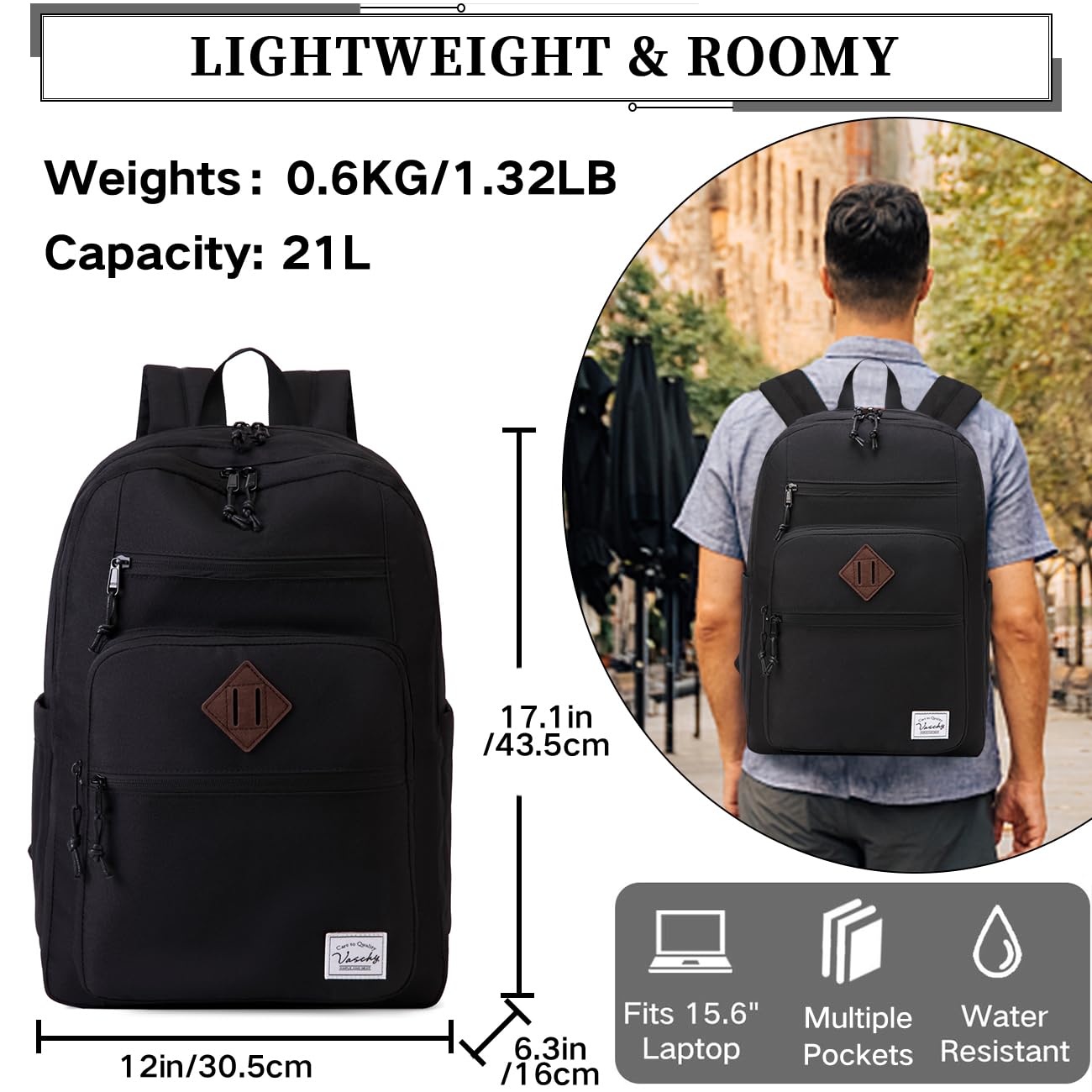 VASCHY School Backpack for Men, Unisex Large Bookbag Schoolbag Casual Daypack for High School/College/Teens/Travel/Work Black