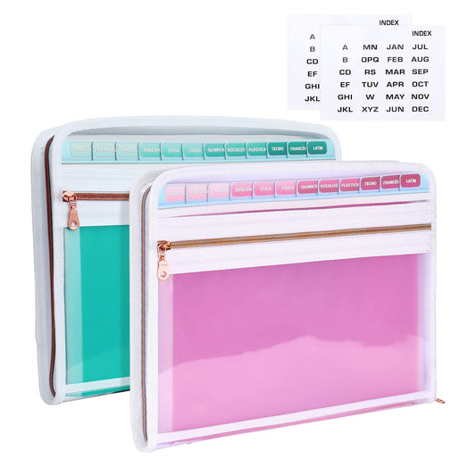 MEGREZ Expanding Folder with 13 Pockets, 2 Pack A4 Paper Folder with Zipper Color Labels, Waterproof Accordion File Organizer for Home Office, Green & Pink