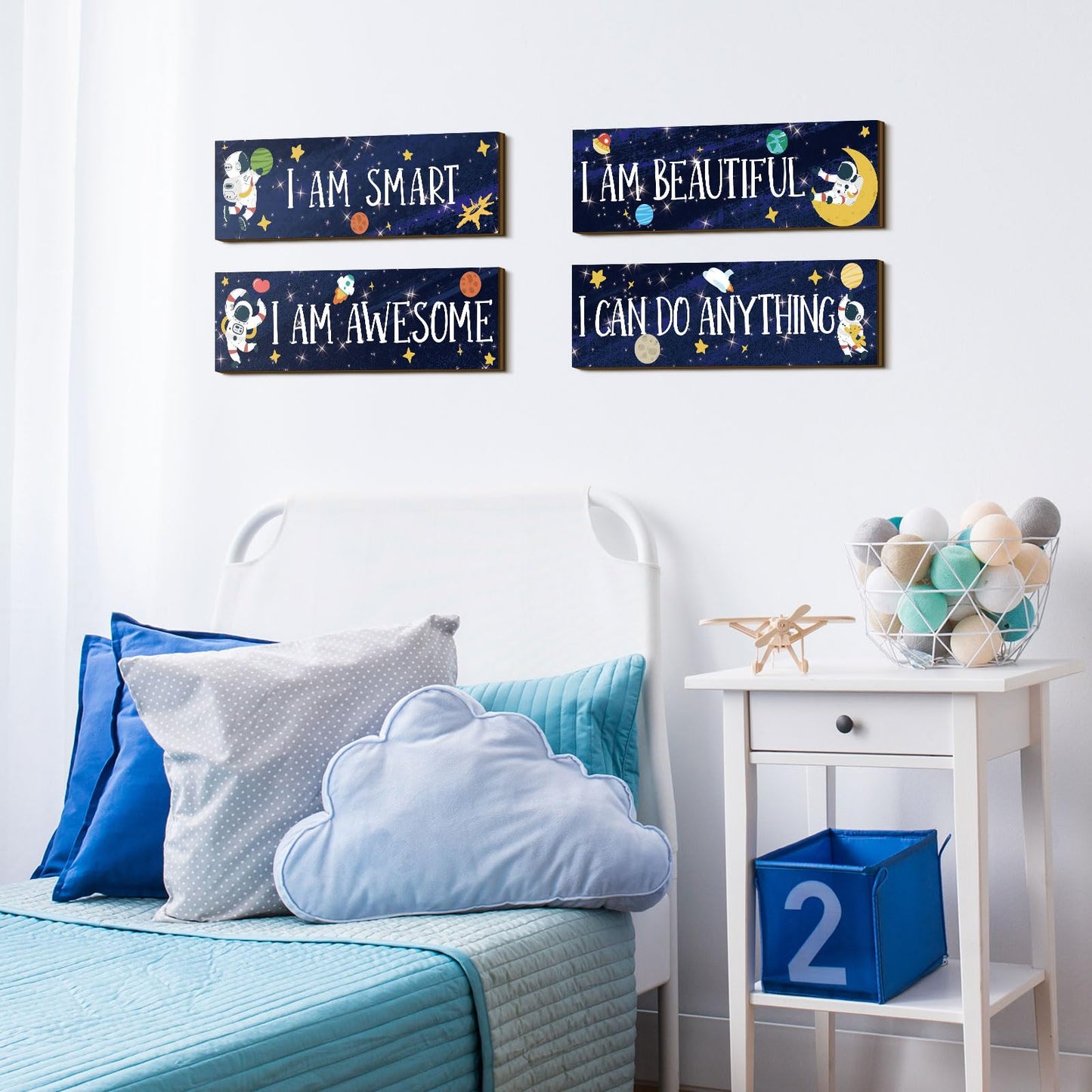 Yookeer 4 Pcs Space Room Decor for Kids Boys Outer Space Wall Art Bedroom Decor for Nursery Classroom Astronaut Galaxy Posters Spaceman Wood Sign Be Brave and Be Kind for Baby Boy(I)