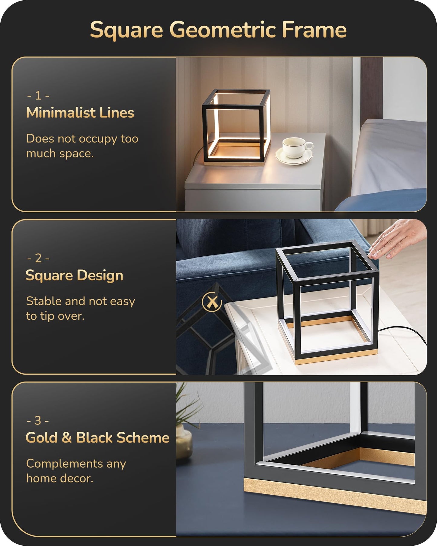 EDISHINE Modern LED Table Lamp, 3-Way Dimmable, 3000K/4500K/6000K, Black Gold, Model HLTL02VY12R
