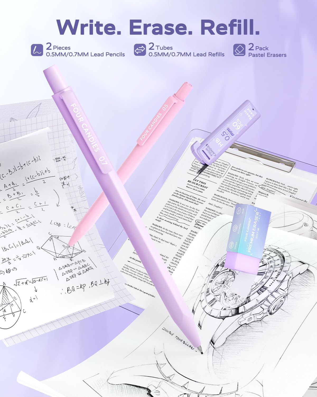 Four Candies Purple College Supplies and Nursing Essentials with Organizer, Gel Pens with Black Ink,Correction Tapes,Pastel Highlighters, Mechanical Pencils, Sticky Notes, Index Post