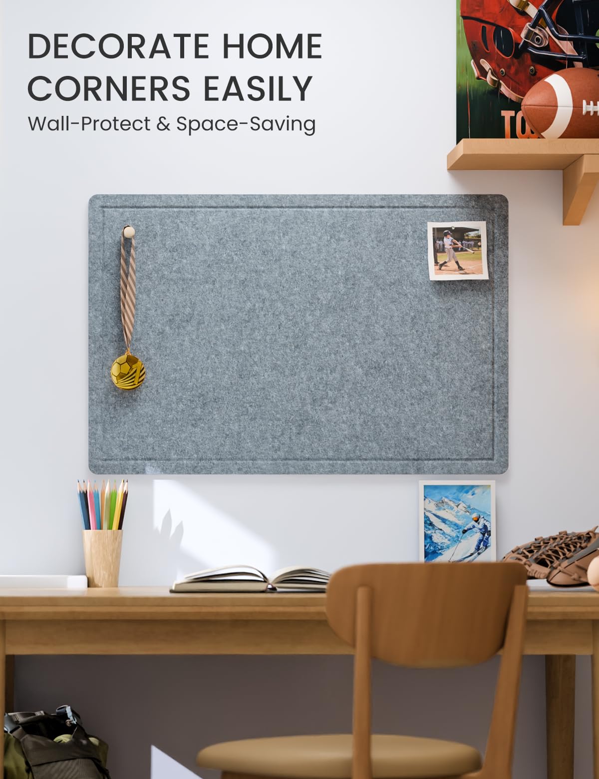 Fluxynara Bulletin Board,35.4" x 23.6" Cork Board Alternative with 12 Safe Removable Adhesive Tabs, Foldable Felt Pin Board for Home Office, Classroom, Bedroom,Entryway for Walls—Blue Gray
