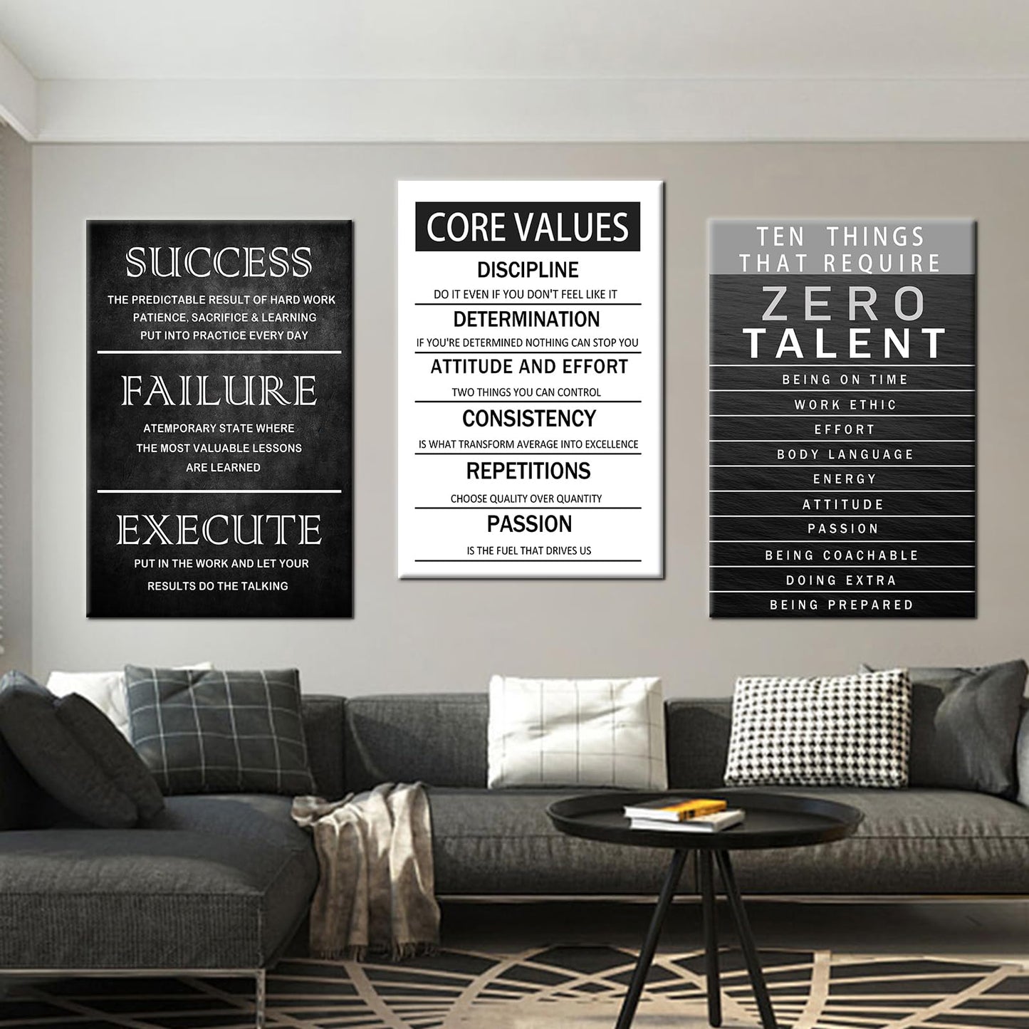 Office Inspirational Canvas Wall Art Core Values Quote Motivational Wall Decor Zero Talent Poster Picture Print 3 Panels Modern Inspiring Painting Artwork for Living Room Home Decor [72''Wx 36''H]