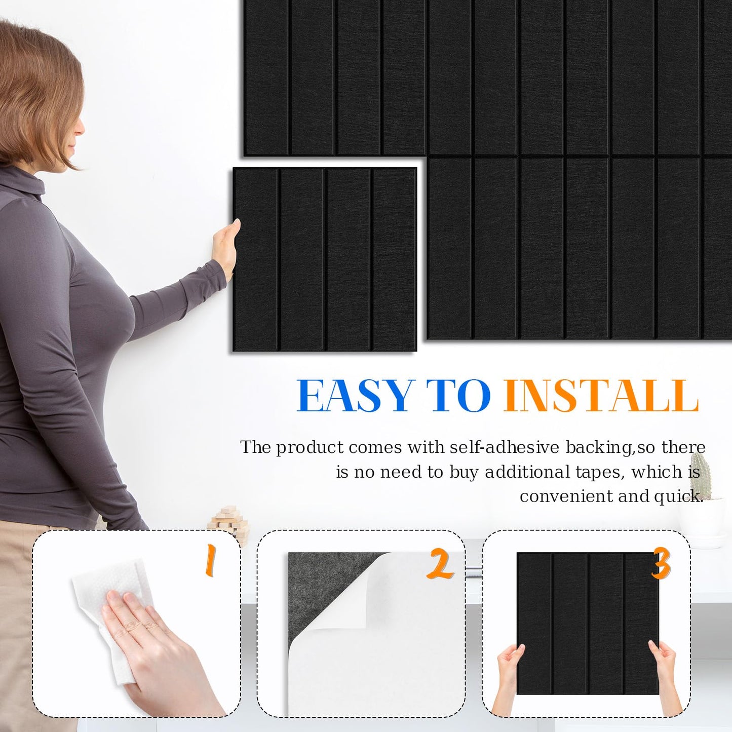 DOLLAR BOSS Felt Cork Board Tiles, 6 Packs 12" x 12" 1/2" Thick Bulletin Board Adhesive Acoustic Panels Soundproof Corkboards for Walls with 60 Pushpins for Home Office Kitchen School, Black Stripe