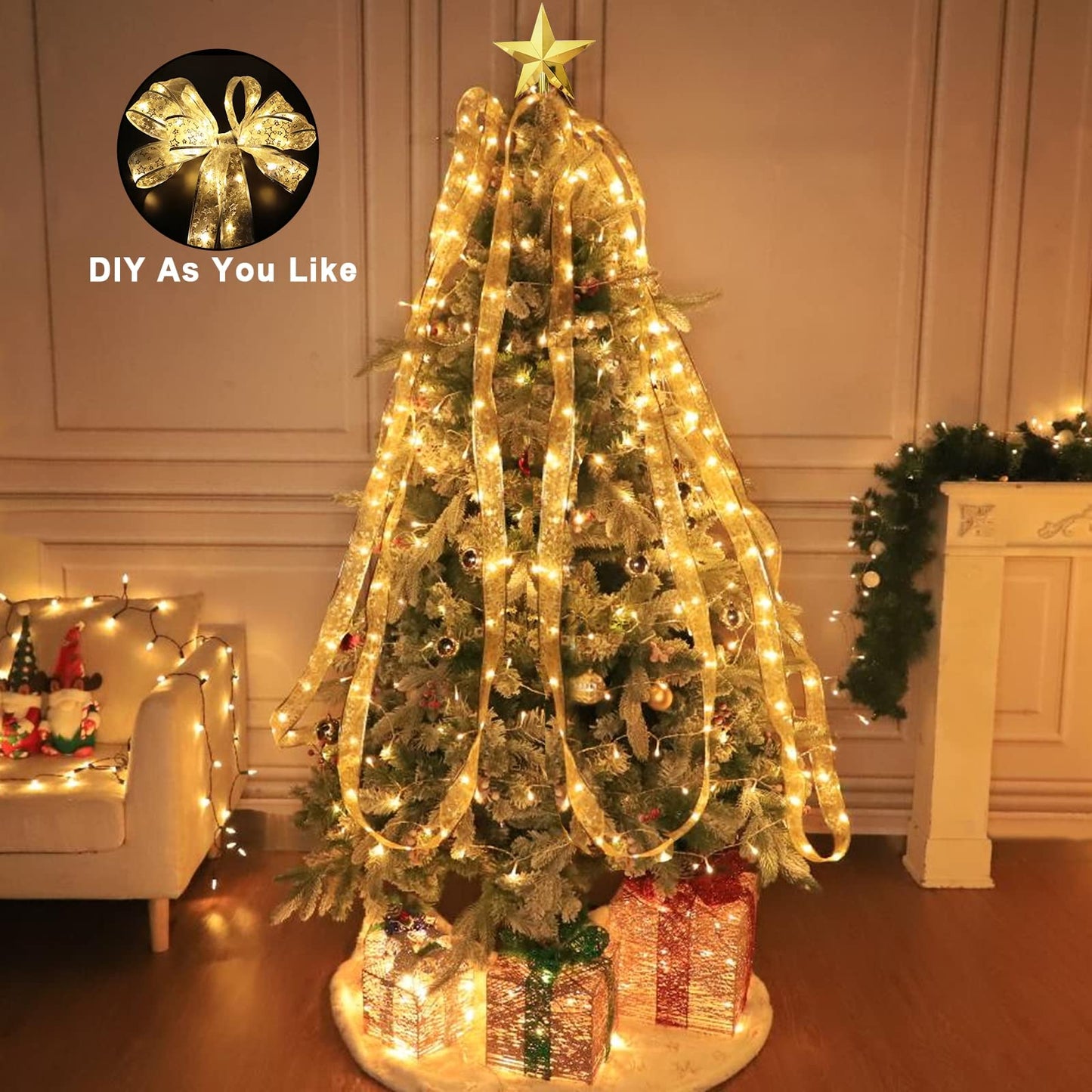 TURNMEON Christmas Ribbon Lights - 40 Ft, 120 LED, Timer & Remote Control, Warm Lights, Silver Ribbon, Model TAS-TO-7-W-US1