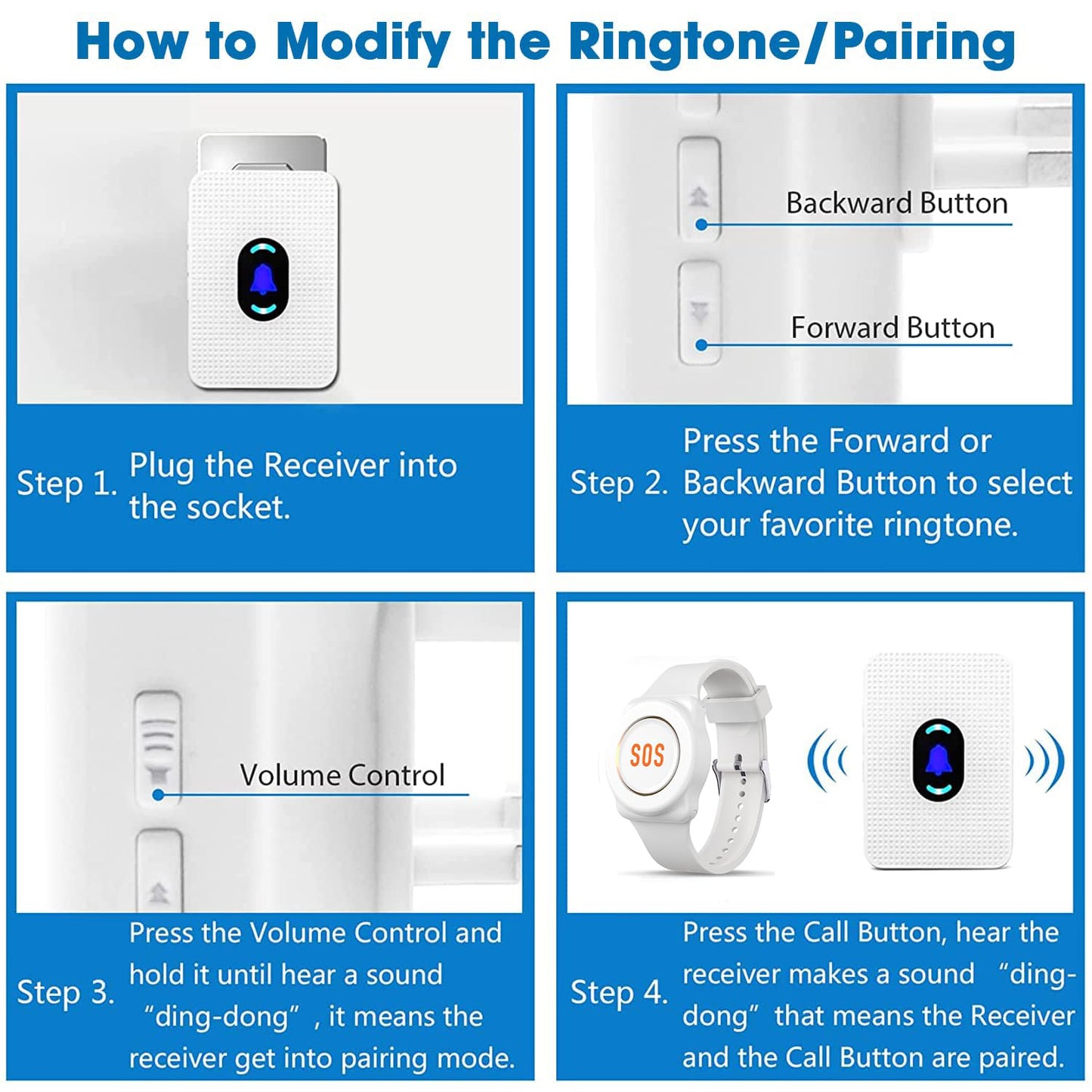 Daytech Wireless Caregiver Pager Call Button for Elderly at Home, Alert Button for Seniors, Emergency Watch for Disabled Patient, Caregiver Alert System with 3 Receiver, Medical Help Button