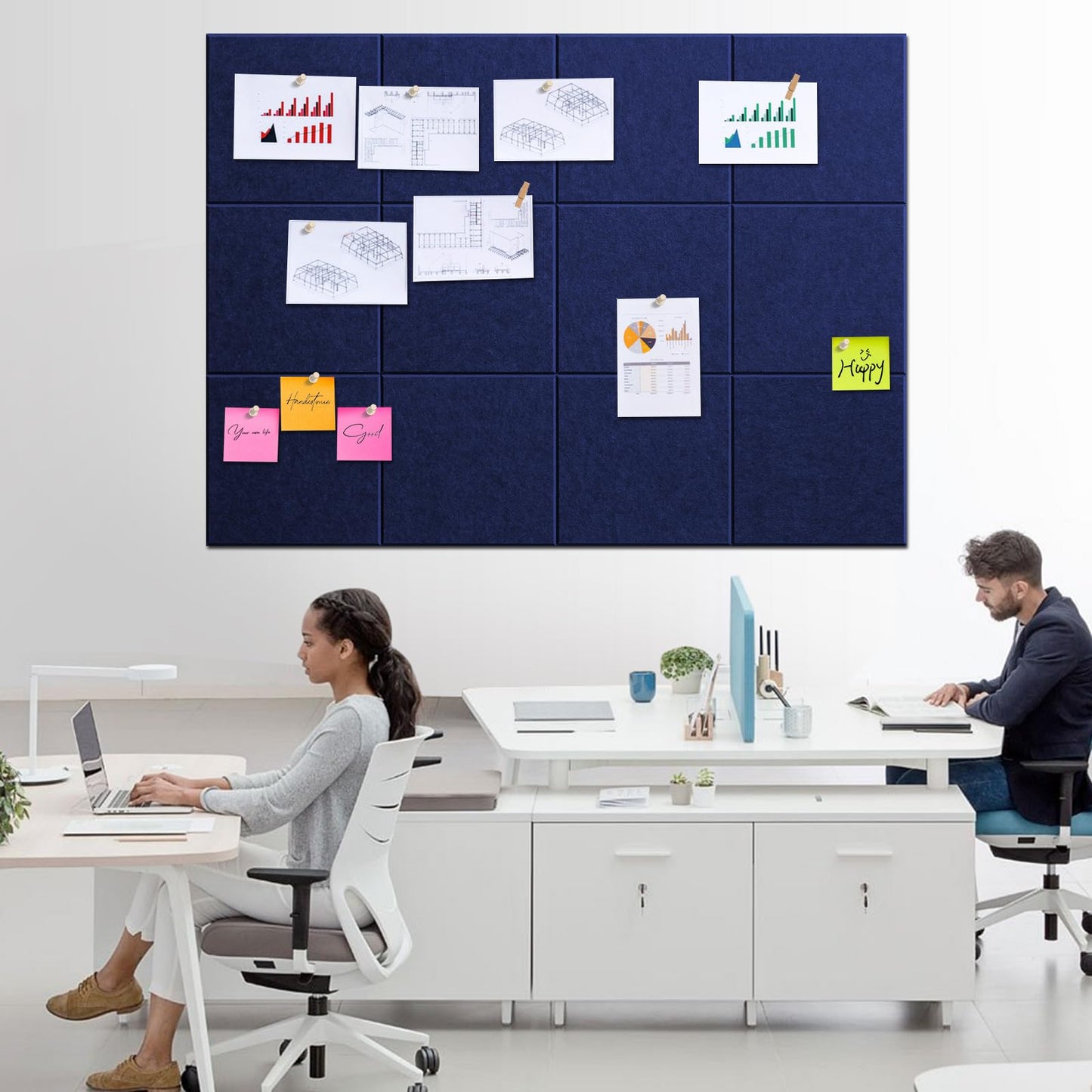 Bounmer Large Cork Bulletin Board - 48" x 36" Cork Board for Walls - 12 Pack Felt Tiles, 60 Removable Safe Adhesive Tabs & 30 Pushpins - for Office, School, Home Decor (Navy Blue)