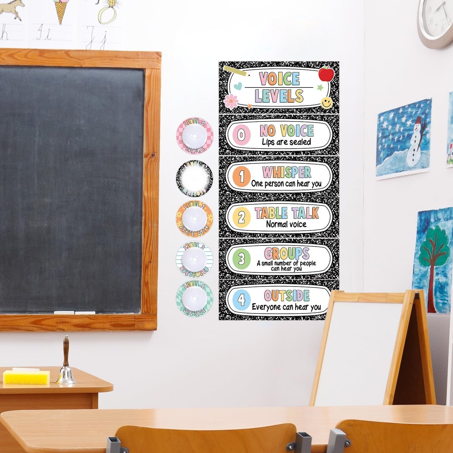 5 Pcs School Push Light and Voice Level Poster Voice Level Chart Monitor Rules Sign LED Tap Light Classroom Rules Poster Noise Chart Classroom Management Tools for Teachers Kids（Composition Style）