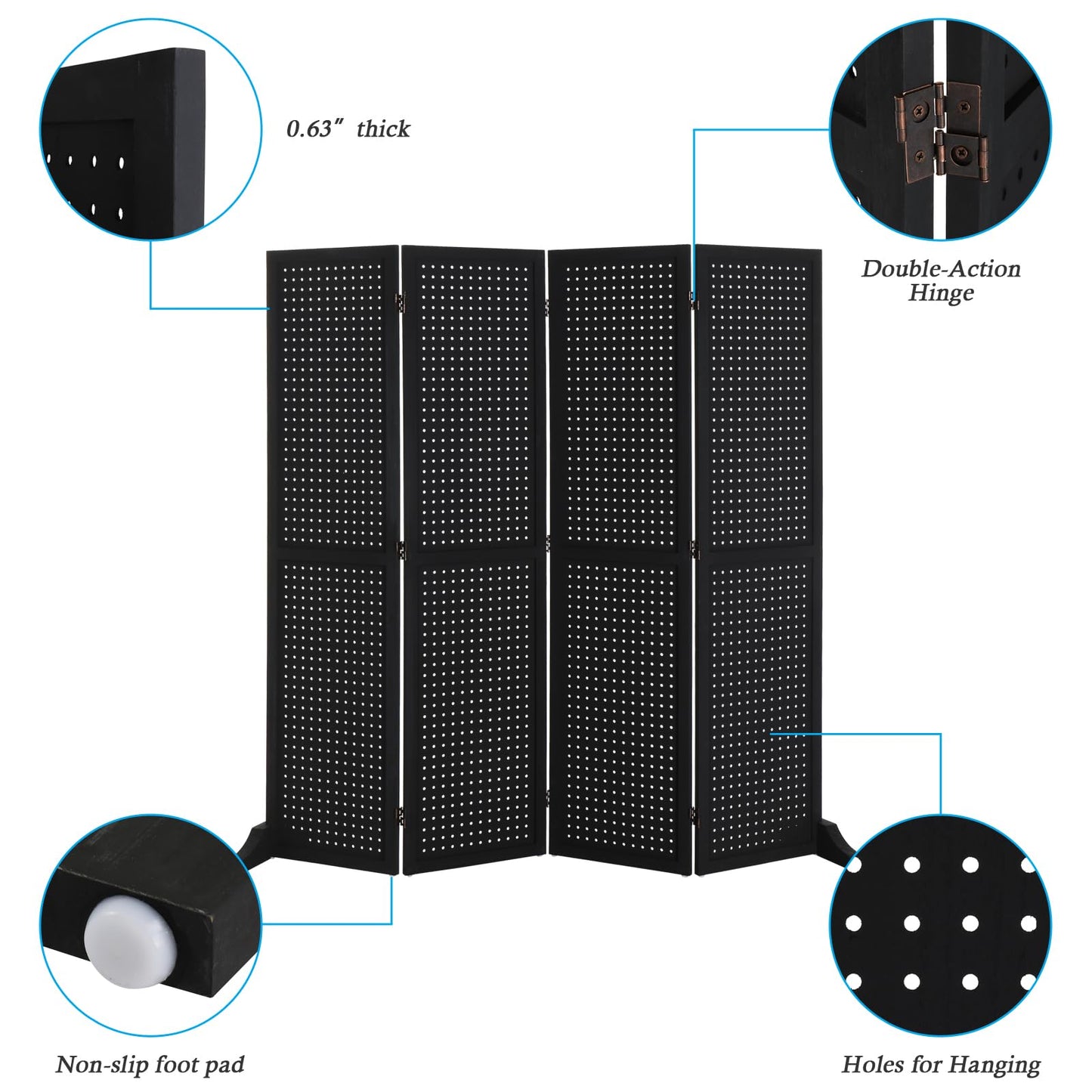 Bonnlo 4 Panel Pegboard Freestanding, 5 FT Portable Display Board Organizer for Craft Show Jewelry, Wooden Folding Privacy Screen Room Divider (with Base, Black)
