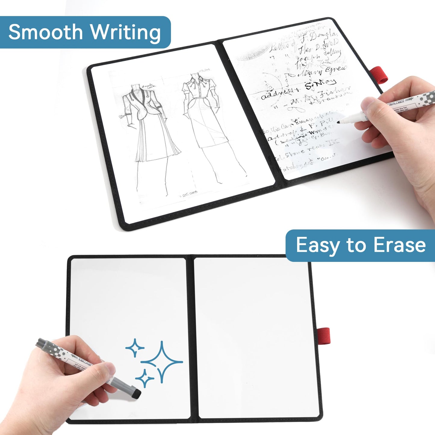 iNenya A5 Pocket White Board - Double-Sided Dry Erase Board 8x6 inch - Ultra-Thin 0.3" Portable Whiteboard with Markers & Erase | Anti-Ghosting Surface for Office Home School Student(Double-A5 Black)
