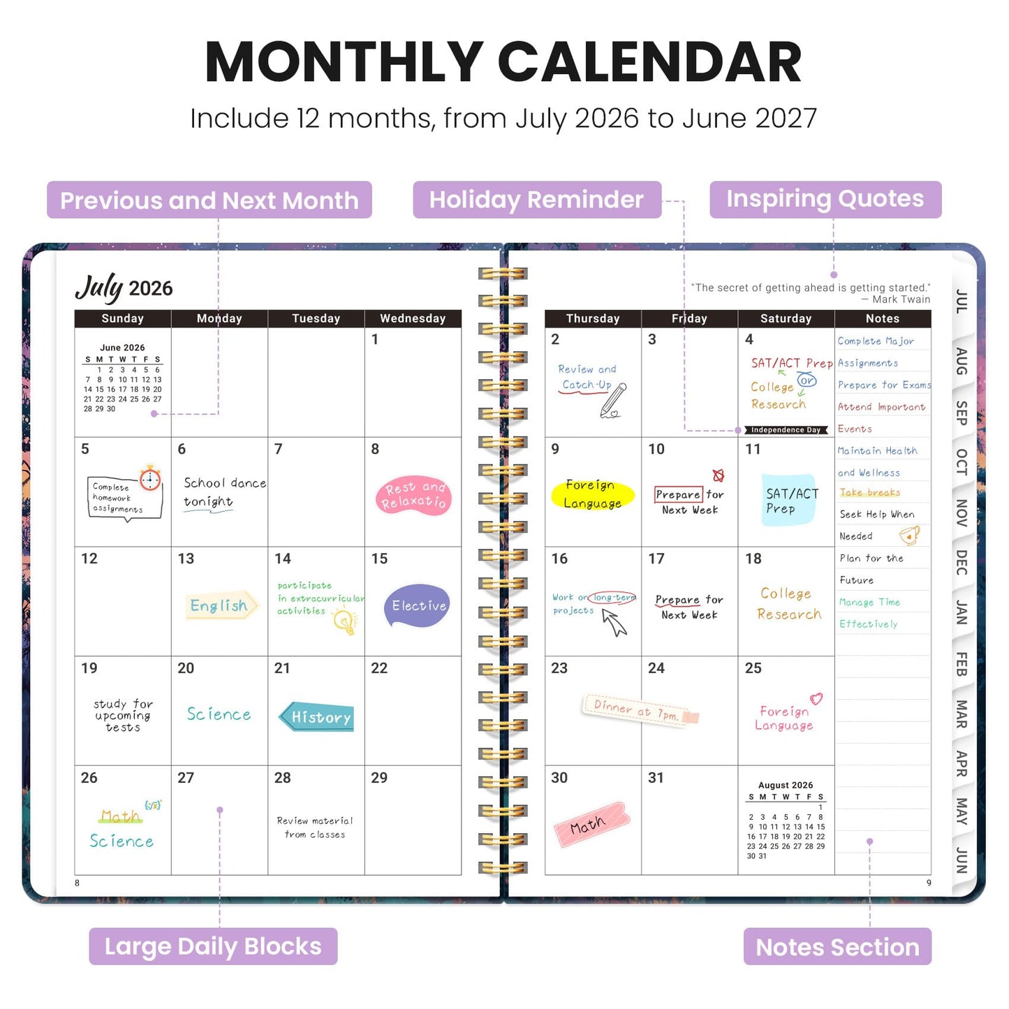 Academic Planner 2026-2027, Monthly and Weekly Calendar Planner, July 2026 - June 2027, Pretty Hardcover Teacher Student Planning Agenda Book with Tabs, Fit for School Office Supplies, 6.3" x 8.5", Aurora Valley