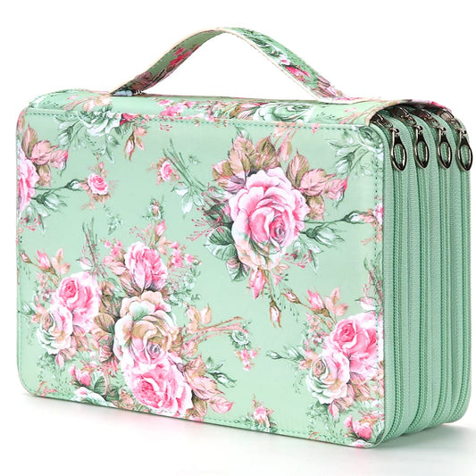 Vomgomfom 200 Slots Pencil Bag, 4-Layer Zipper Portable Art Supply Organizer, PU Leather Large Capacity Colored Pencil Case with Handle for 200 Watercolor Pens, Gel Pens (Green Rose)