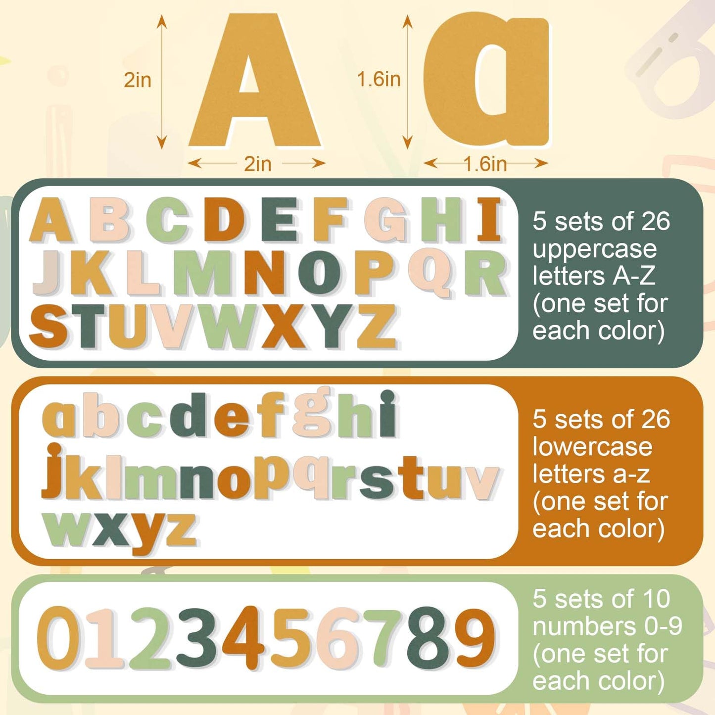 Breling 310 Pieces Felt Letter Bulletin Board Letters Sticker with Number 2" Bulk Self Adhesive ABC Upper Lowercase Sticky Letter for Xmas Gift Bulletin Board Classroom(Light Color)