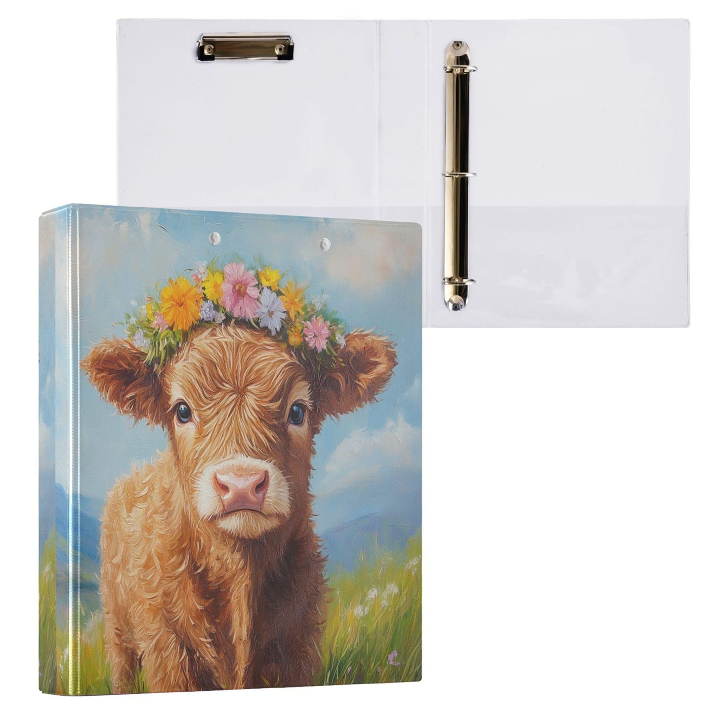 Highland Cow Round Ring Binders 1.5 Inch Cowboy Flower 3 Ring Clipboard Binder for Office School Work Supplies File Folder Document 200 Sheet Capacity Easy Open