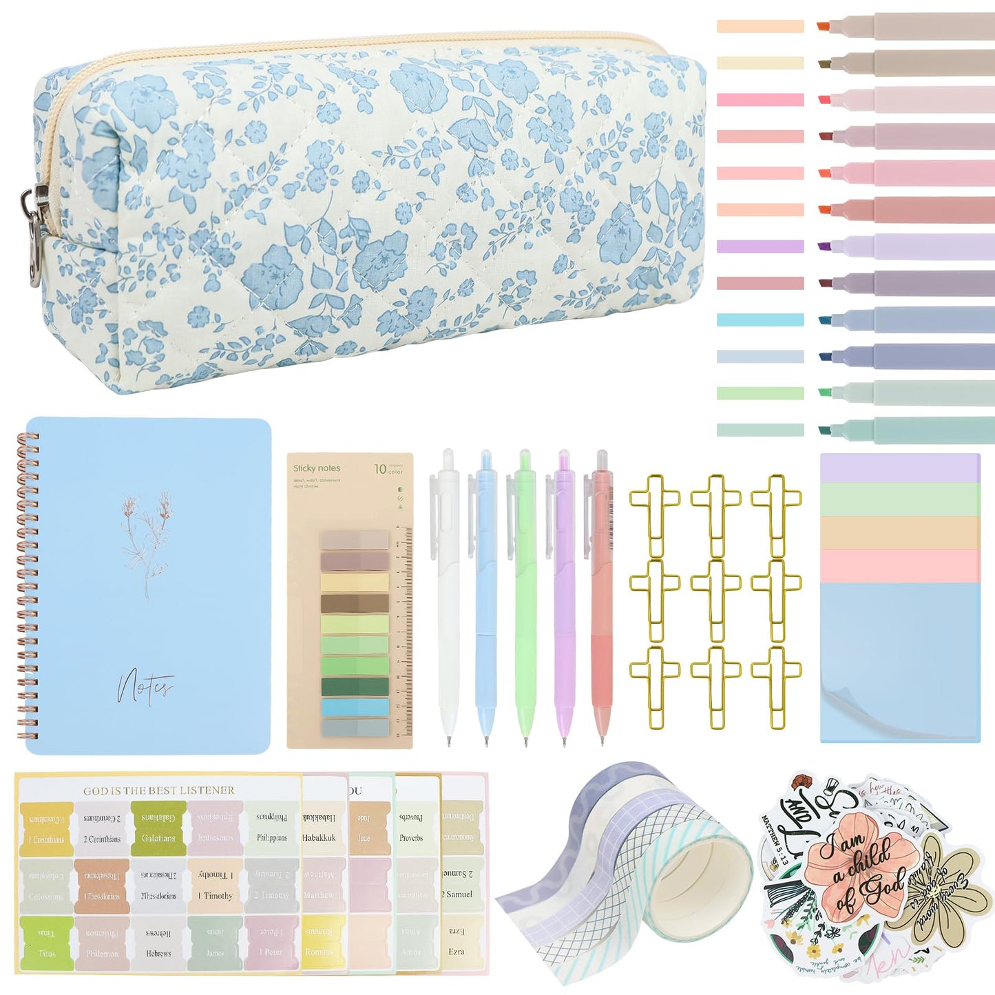 DRANSMIC Bible Study Supplies Journaling Kit with Pen Cas, Tabs, Notebook and No Bleed Highlighter, Aesthetic Book Annotation Kit, Christian Gifts for Women Grils Friends（Blue Flower）
