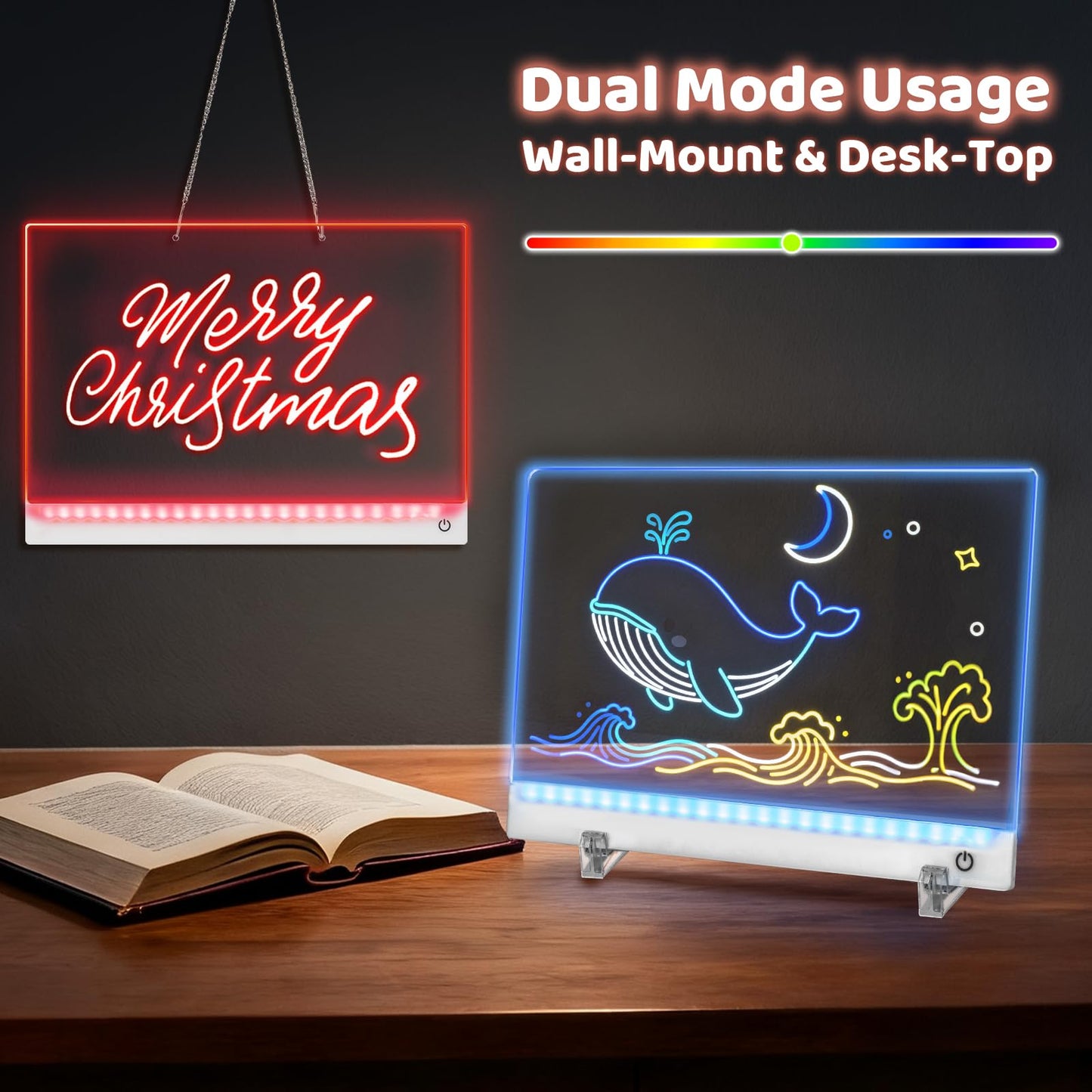Rechargeable Led Drawing Board for Kids, 11.8*7.9" Dry Erase Board, 4 Modes &7 Colors Glow Doodle Note Board, Include Hanging Chain, 2 Stands, 8 Markers, Spray Bottle, Cleaning Cloth, Kid Girls Gifts