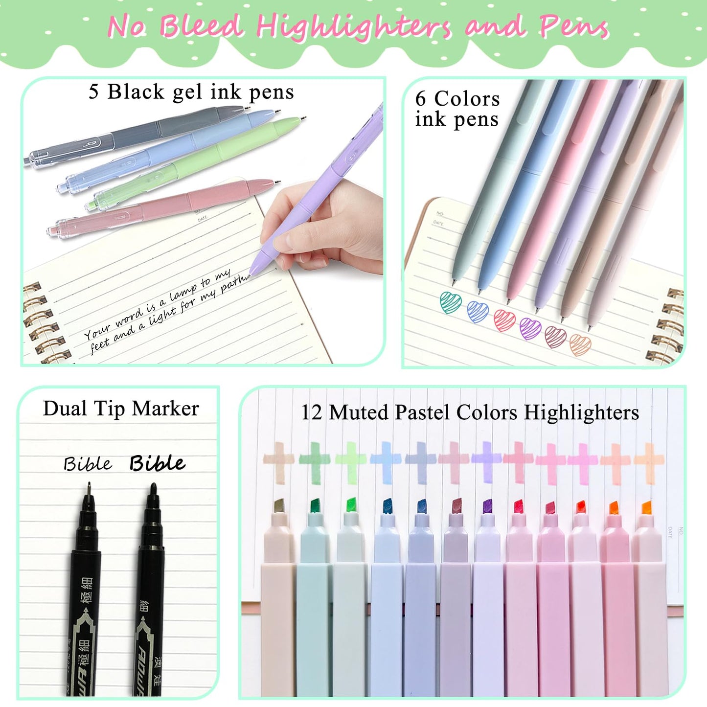 47Pcs Bible Study Supplies Journaling Kit with Large Pencil Case, Notebook, No-bleed Highlighters and Pens,Bible Bookmark Tabs Stickers, Book Study Annotation Kit for Women and Students,Green