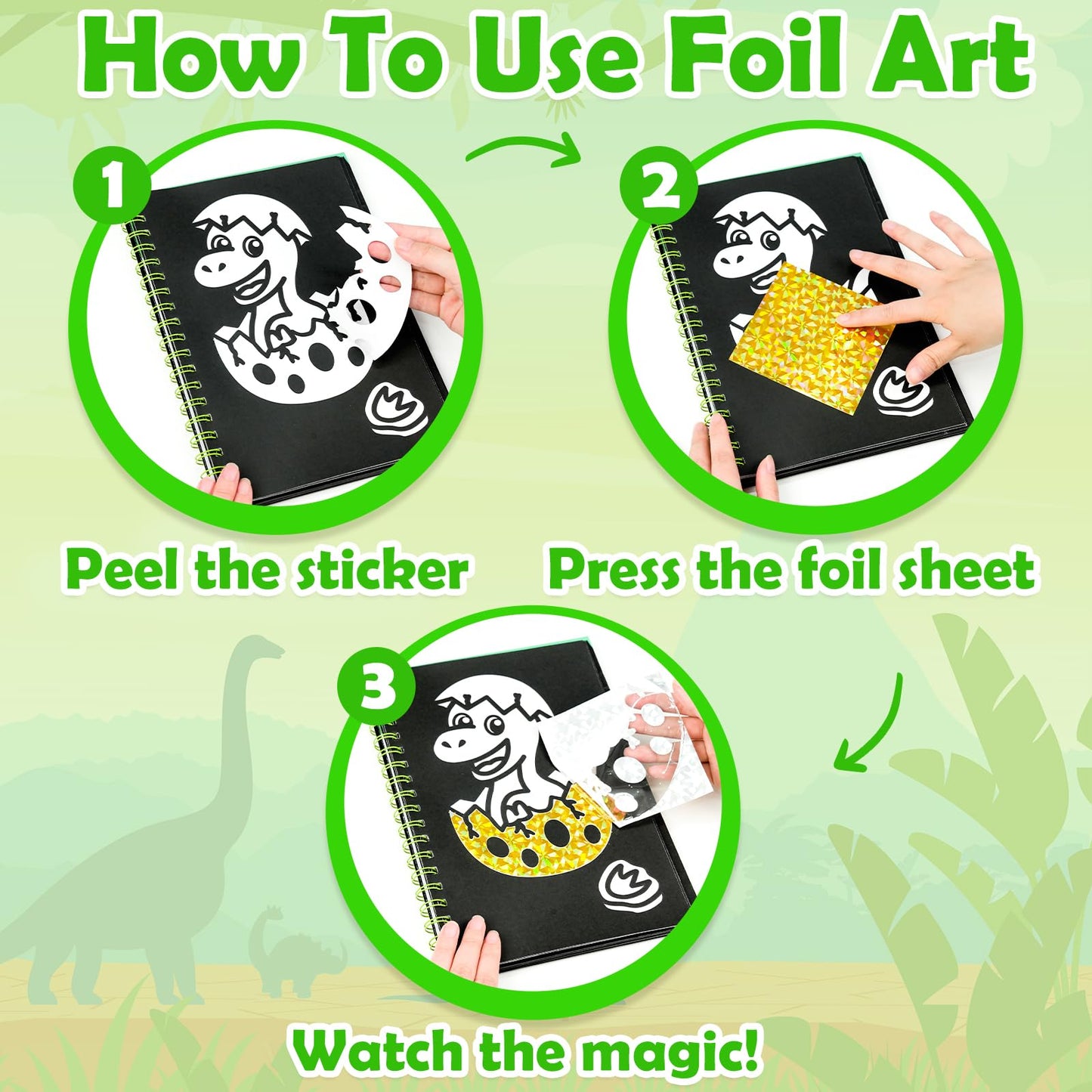 FUNNYB&G Foil Art Craft Kit for Boys 4-10 Years Old: Mess-Free & No-Glue, Create 16 Sparkly Dinosaur World Pictures – Perfect Travel Toy & Birthday Gift for Kids (Dinosaur World)
