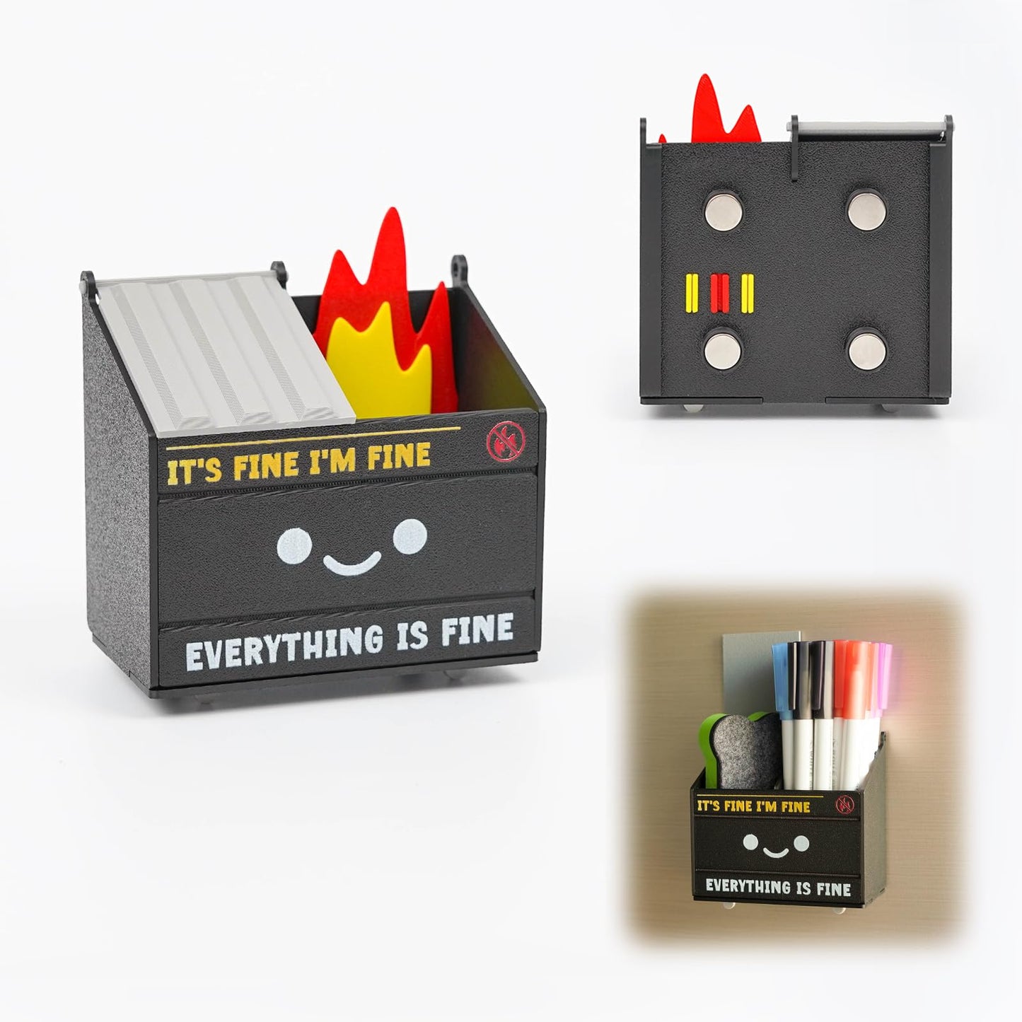 Tian Zhun Dumpster Fire Magnetic Pen Holder Funny Black Magnetic Pencil Holder Magnetic Locker Organizer for Refrigerator Whiteboard Home Office Hospital Marker pen storage