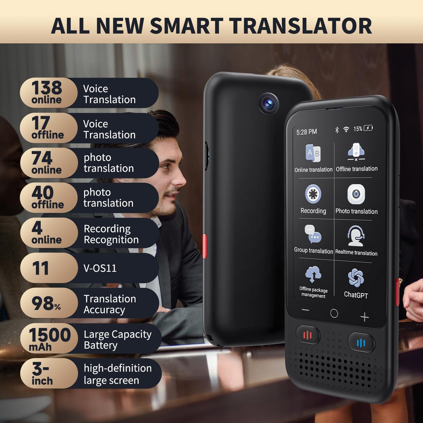 Language Translator Device, Upgraded ChatGpt AI Translator No WiFi Needed, 150+ Languages Two Way Real-Time Voice Translation, Offline&Recording&Photo Translation for Travel Business Learning