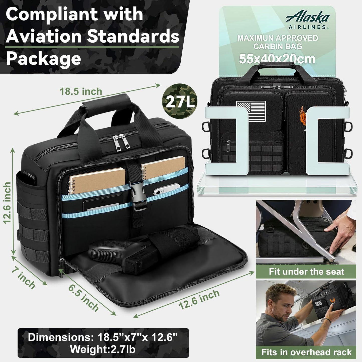 BYIECLD Tactical Laptop Bag for Men, 14 Inch & 18 Inch Military Messenger Bag, 900D Nylon Water Resistant Computer Bag with Luggage Strap, Multipurpose Work Bag for Travel, Business, Campus