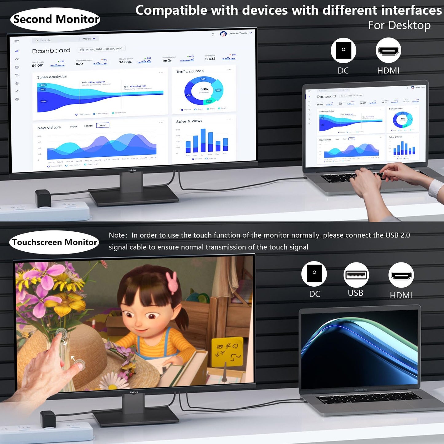 Pisichen Touchscreen Monitor 27" 2K 100Hz Gaming Monitor, QHD 2560x1440 IPS PC Monitors, 10-Point Touch Screen Computer Monitors, with USB C HDMI DP Ports, Built-in Speakers