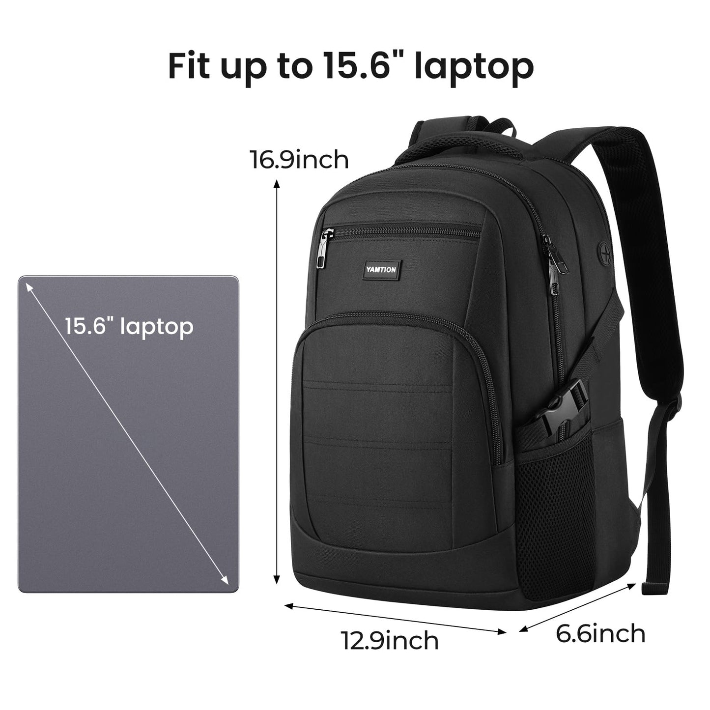 YAMTION Black Backpack for Men and Women, Laptop Backpack, School Backpack for Boys and Girls, Lightweight Bookbag, Work Backpack Fits 15.6 Inch Notebook