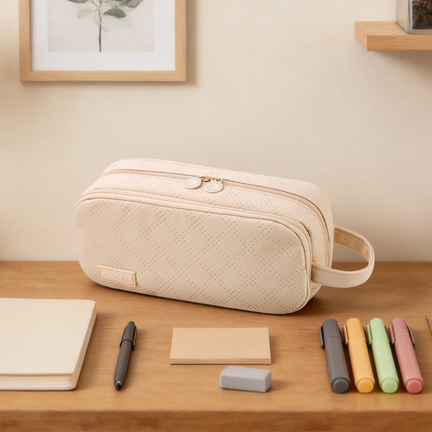 EASTHILL Large Capacity Pencil Case Cute Pencil Pouch with Handle Stationery Pen Bag for Teen Girls-Cream