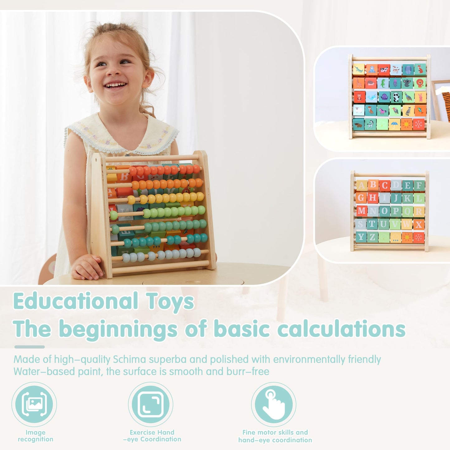 FReniland Wooden Activity Cube - Double-Sided Abacus & Alphabet Flip Tiles for Toddlers 18M+, Educational Counting Toy for Preschool and Homeschool Learning