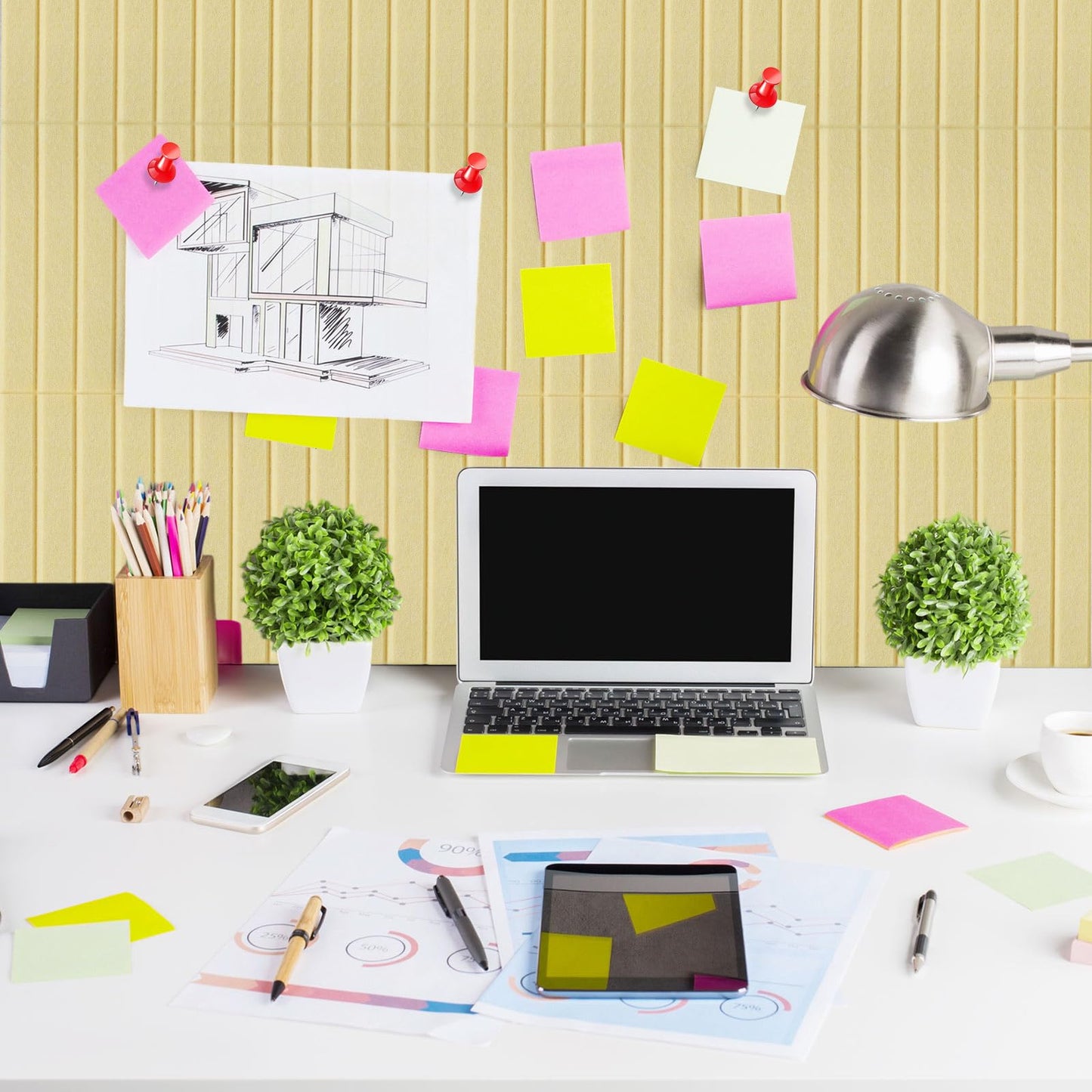 Honoson 12 Pack 48"x 36" Large Cork Board Alternative Felt Bulletin Board Wall Tiles with Safe Square Adhesive Roll Cork Tiles for Walls Home Office Classroom Back to School Pin Panels(Light Yellow)