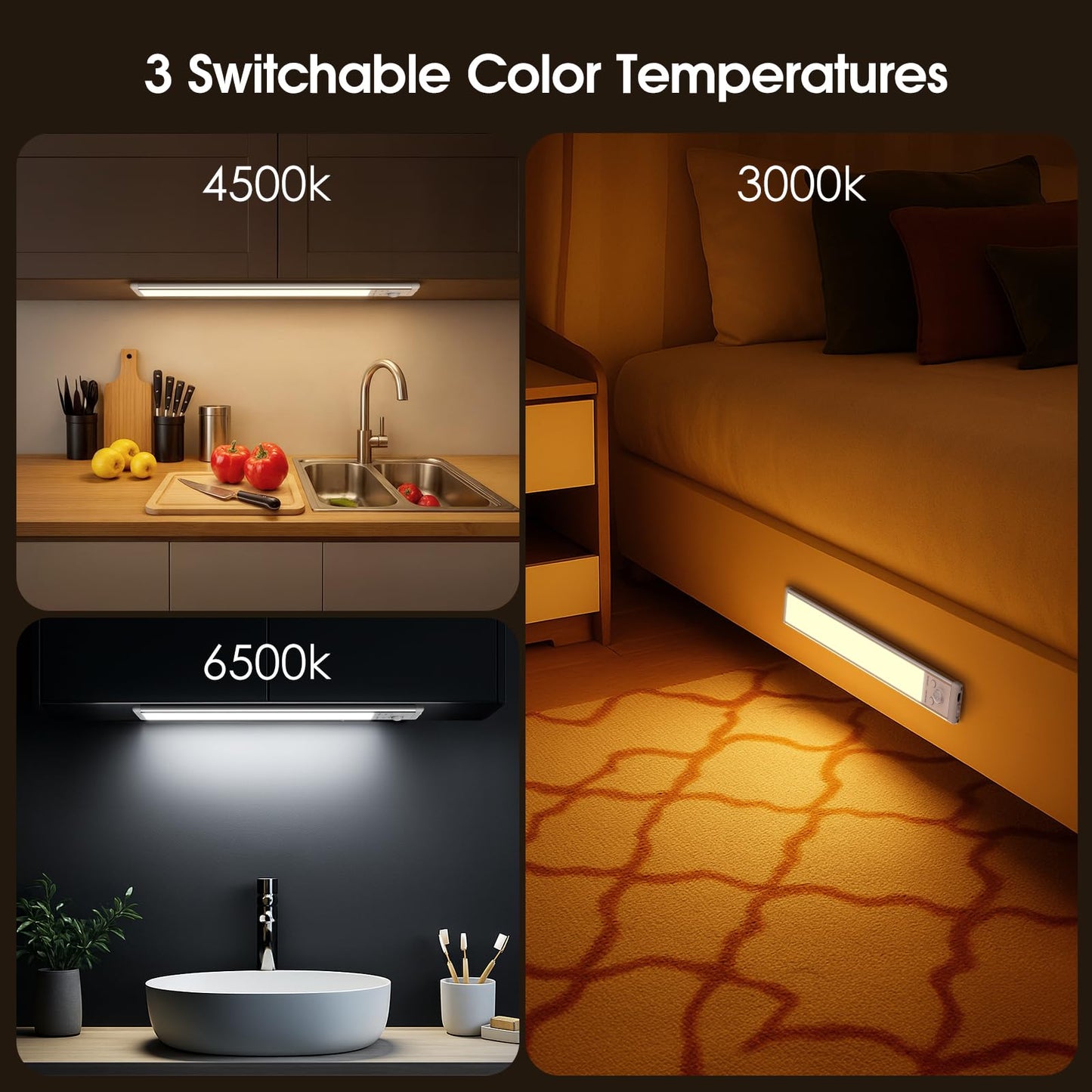 Chasesun LED Under Cabinet Lights, Motion Sensor, 9.6in, 3 Color Temperatures, Wireless, Magnetic Mount, 5 Pack, White
