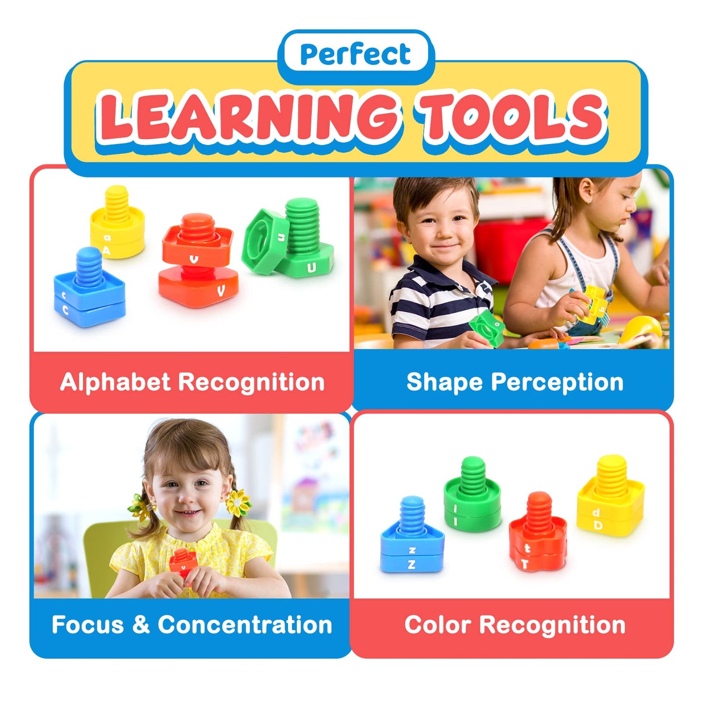 Letters Learning Matching Game | Preschool Toys Set for Toddlers | 26 Alphabet Learning Toys with 52 pcs Nuts and Bolts Sorting & Stacking Toys, ABC learning Educational Montessori Toy for Kids