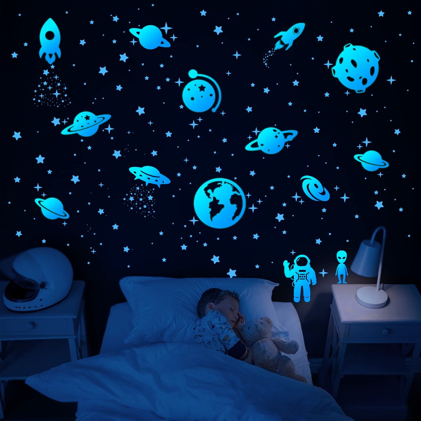 Glow in The Dark Stars for Ceiling, Solar System Wall Stickers for Kids, Planet Wall Decals, Glowing Stars, Space Decor for Boys Room, Galaxy Astronaut Rocket Spacecraft Alien Decoration (Blue)