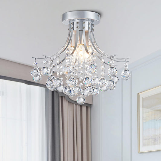 Bestier Modern Silver Crystal Semi-Flush Mount Chandelier, 13.5in D x 11.6in H, Requires 3 E12 Bulbs, for Dining Room/Bathroom/