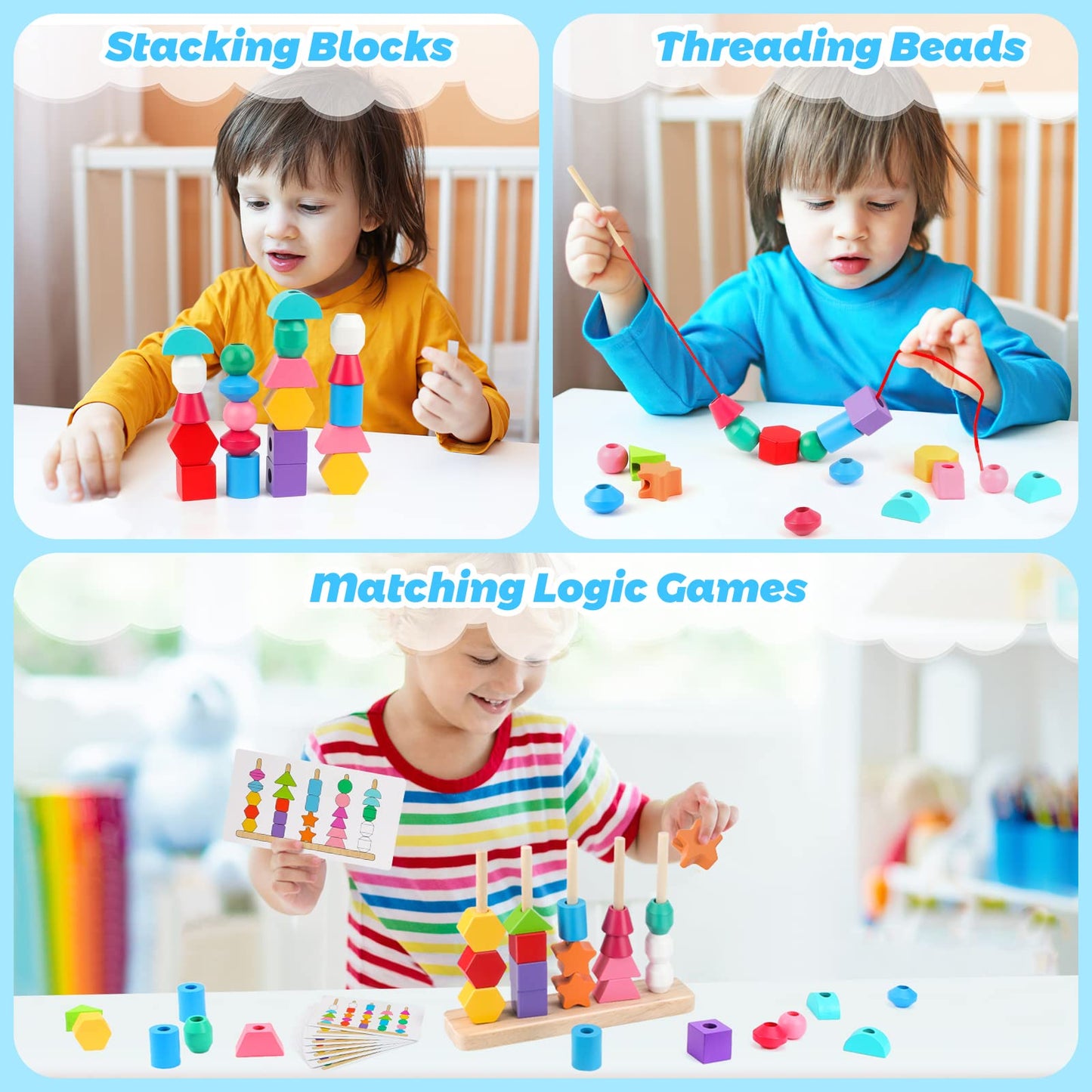Montessori Wooden Beads Sequencing Toy Set, Stacking Blocks & Lacing Beads & Matching Shape Stacker, Montessori Toys for 3 4 5 Year Old STEM Preschool Learning Toys Gifts for Kids Boy Girl Toddler