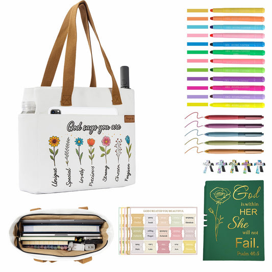 25 PCS Bible Study Supplies Kit, Large Capacity Canvas Tote Bag for Women Organizer, Bible Highlighters and Quick Dry Pens No Bleed Through, Notebook Bible Tabs Cross Bookmark Journaling Accessories