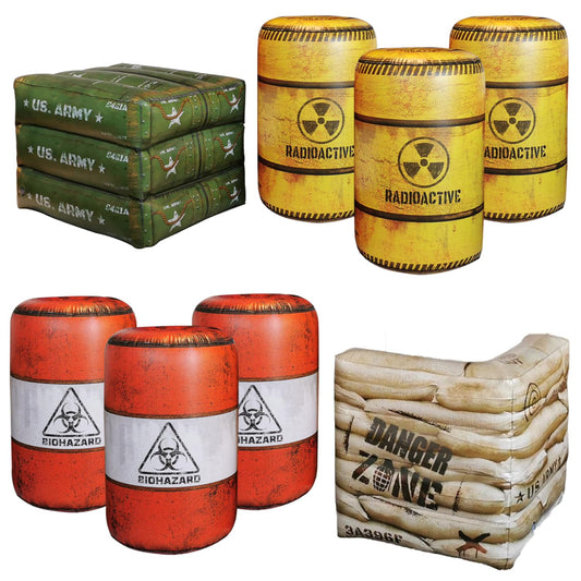 NINOSTAR Package 8 Combat Battlefield Inflatables, 6 Barrels + 1 Sandbag + 1 Army Box, Compatible with Laser tag, Water Gun for Boys Birthday Party Activities and Decoration, Include Water Chamber.
